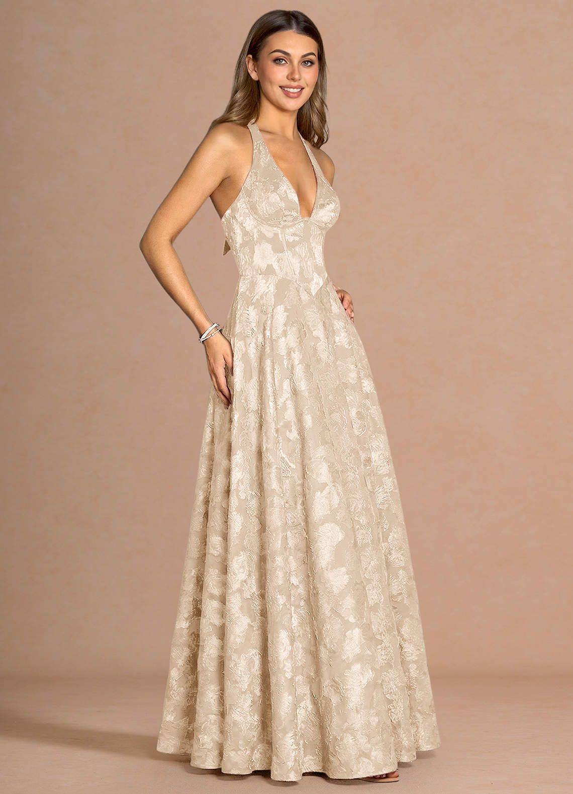 Isabeau A-Line V-Neck Fil Coupé Evening Dress in Cream