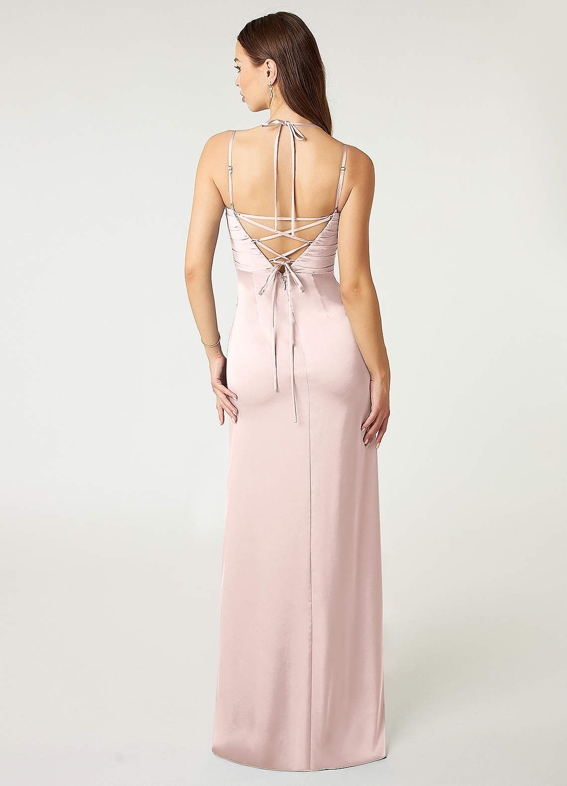 Desi Sheath Halter Stretch Satin Bridesmaid Dress in Blushing Pink