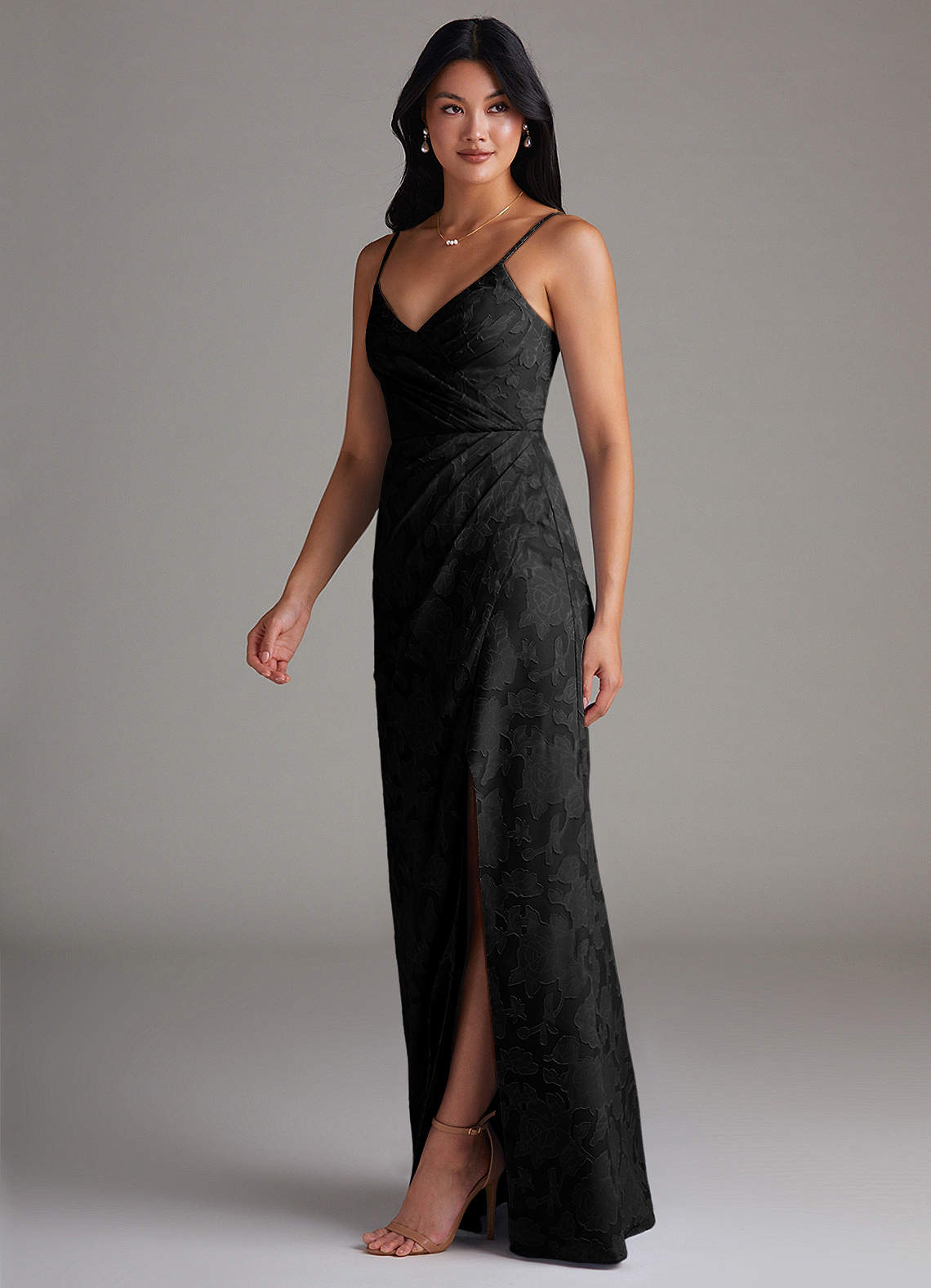 Maci Sheath V-Neck Floral Burnout Bridesmaid Dress in black