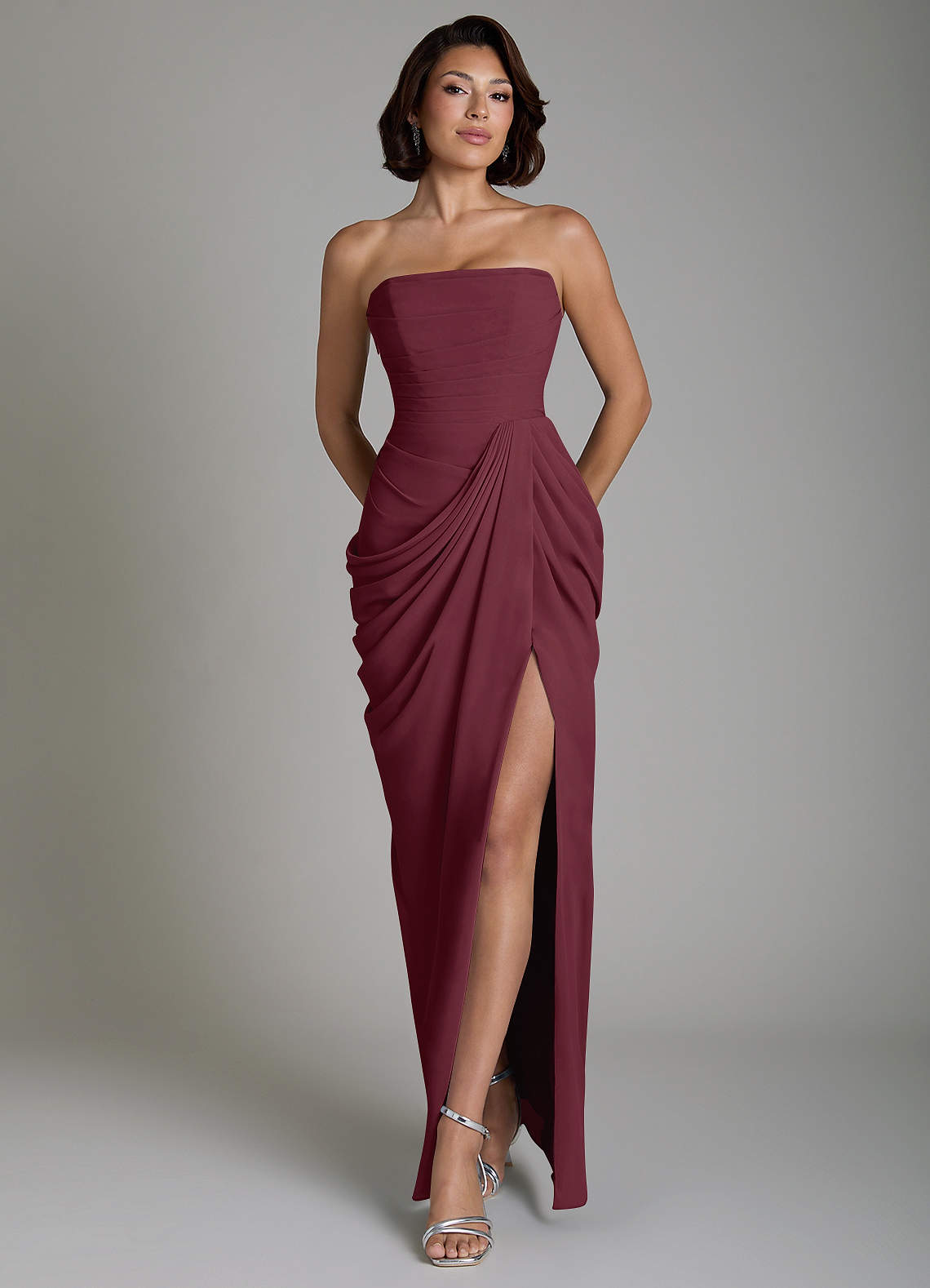 Nyra Sheath Strapless Chiffon Bridesmaid Dress in Cabernet