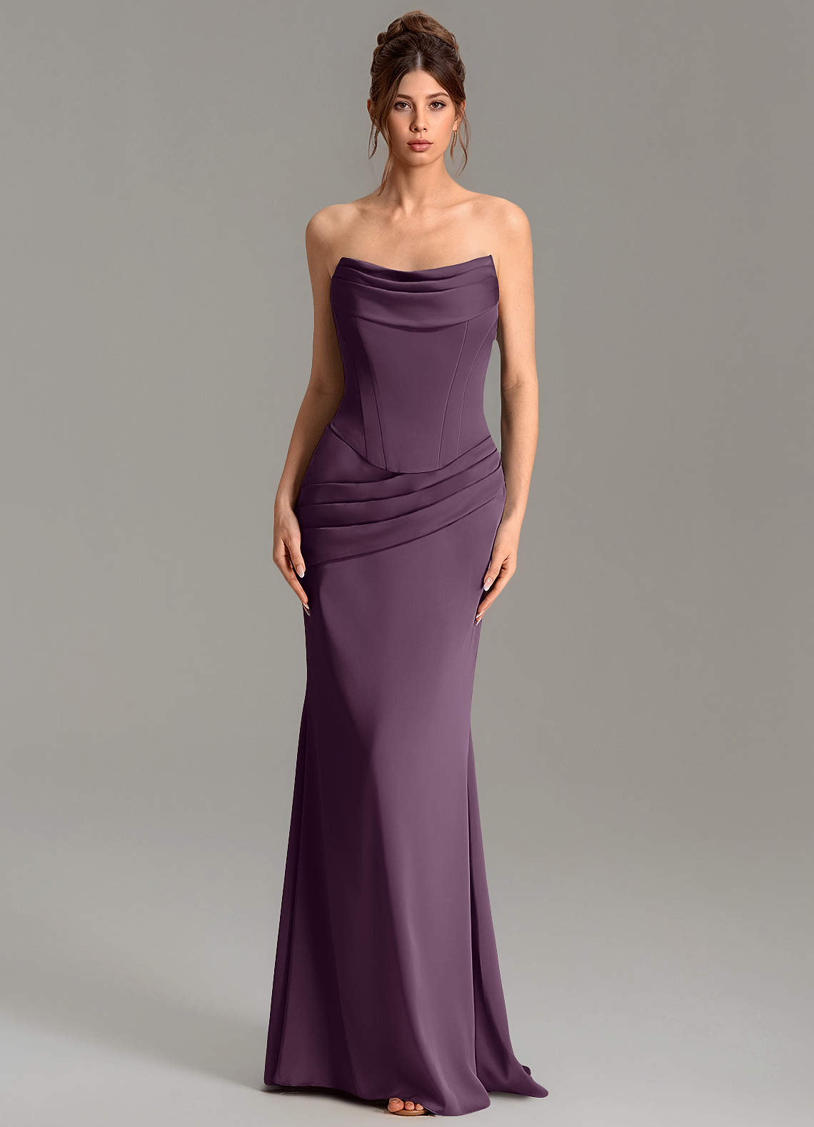 Adrienne Mermaid Cowl-Neck Stretch Satin Bridesmaid Dress in Plum