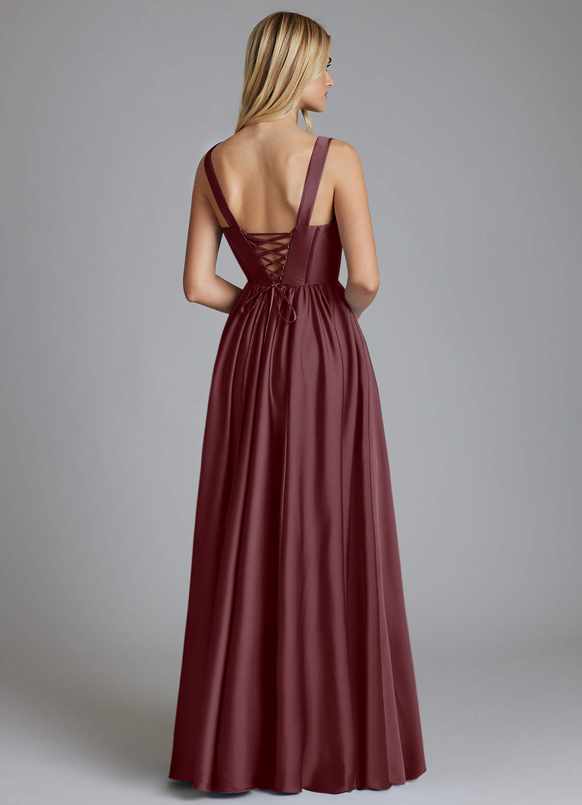 Delmie A-Line V-Neck Stretch Satin Bridesmaid Dress in Sangria