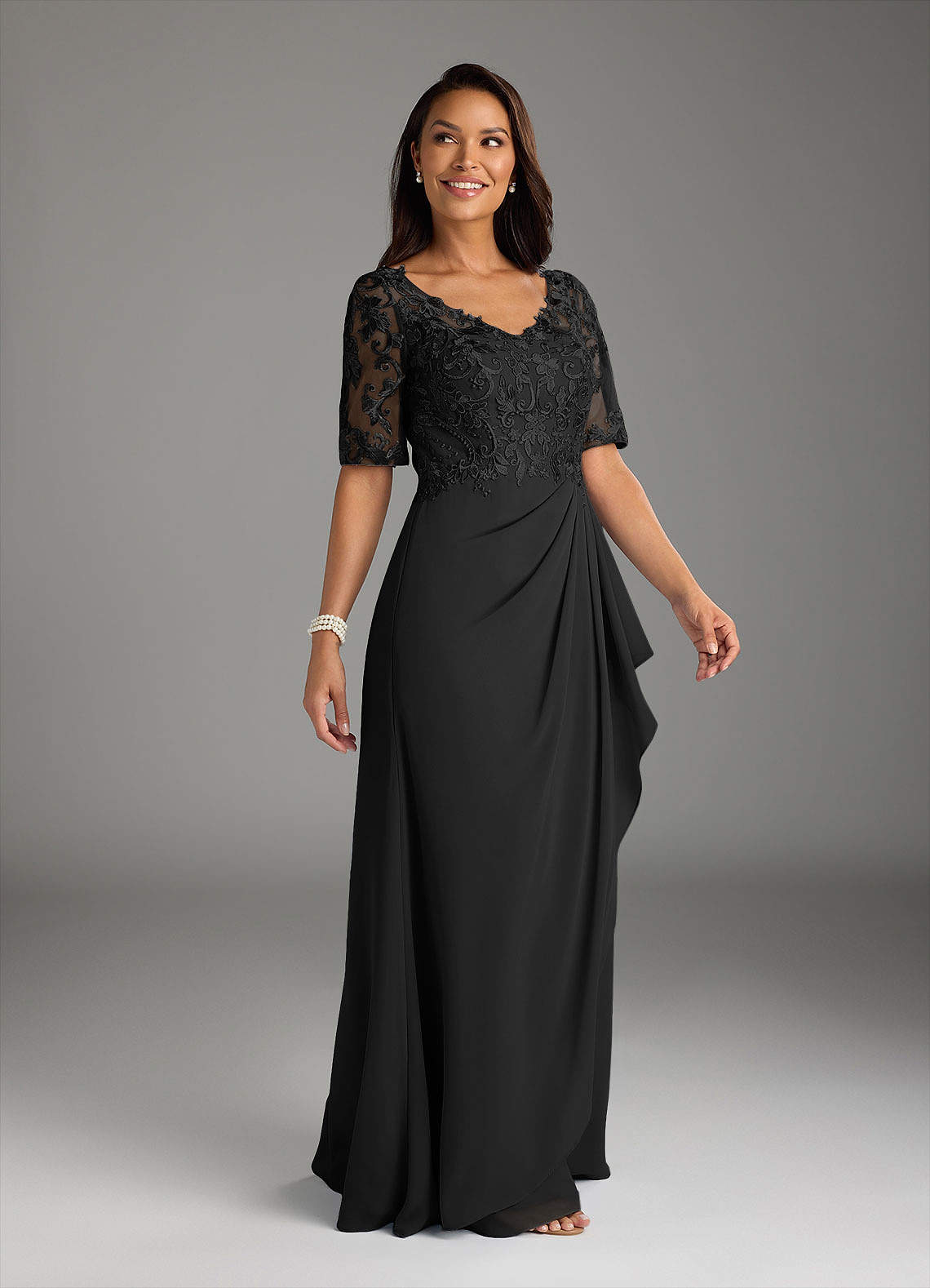 Amedeus A-Line V-Neck Chiffon and Lace Mother of the Bride Dress in black