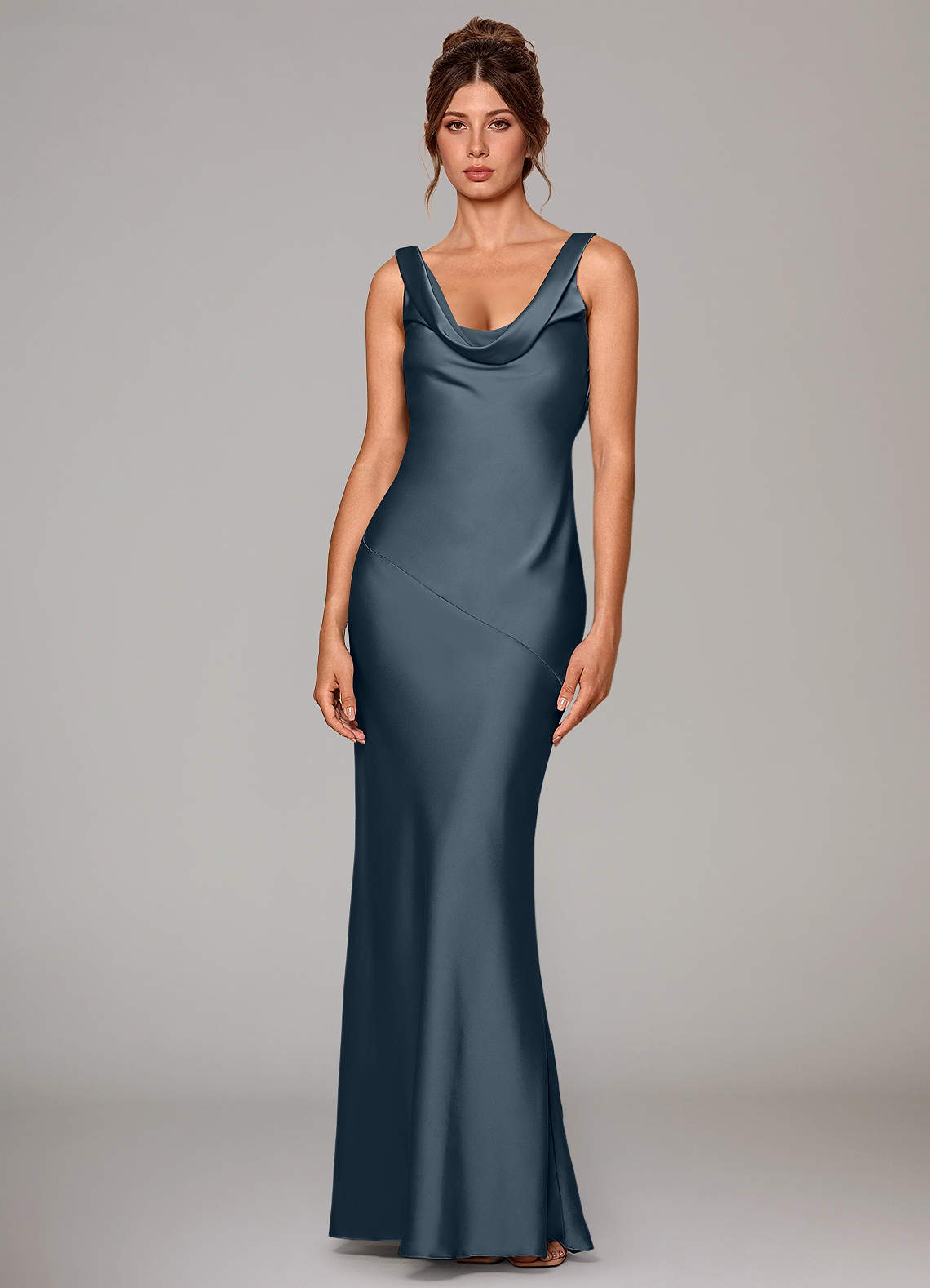 Rylina Mermaid Cowl-Neck Stretch Satin Bridesmaid Dress in Twilight