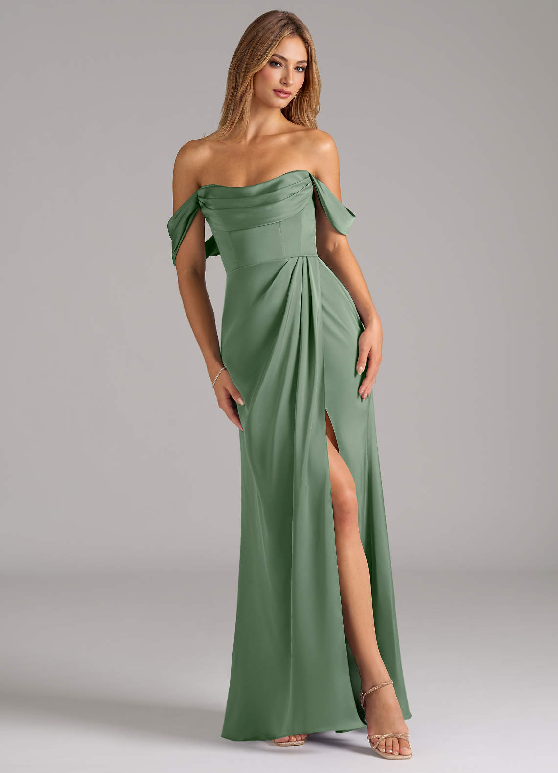 Johana Mermaid Off-the-Shoulder Stretch Satin Bridesmaid Dress in Matcha