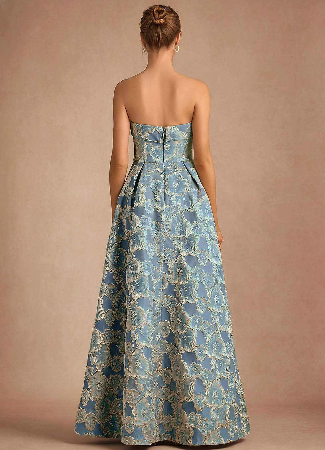 Florentine A-Line Bandeau Jacquard Taffeta Evening Dress in Lake Blue