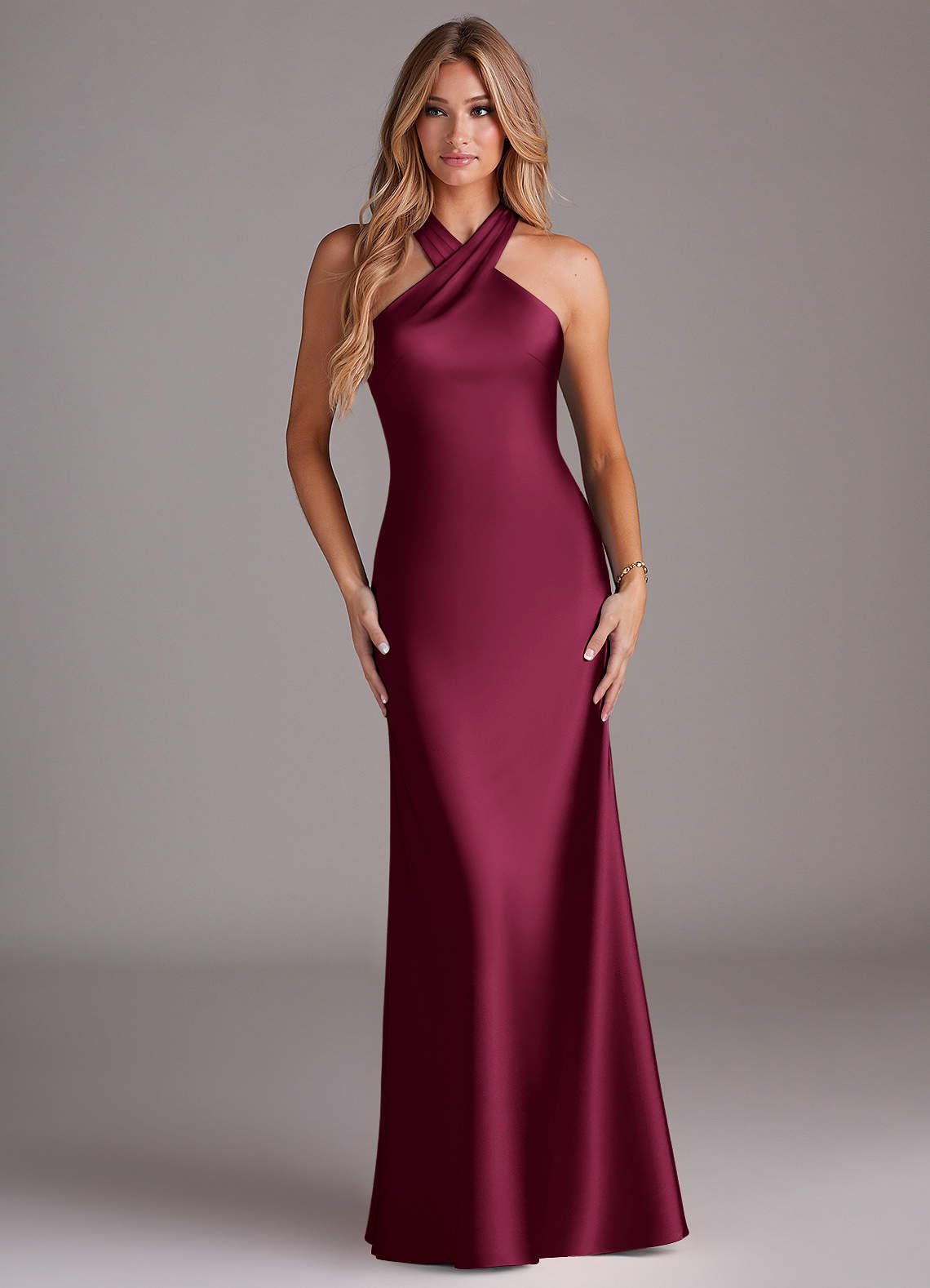 Doretta Mermaid Halter Stretch Satin Bridesmaid Dress in Burgundy