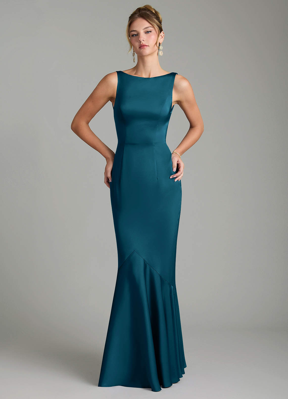 Tamera Mermaid Boat-Neck Stretch Satin and Chiffon Bridesmaid Dress in Ink Blue