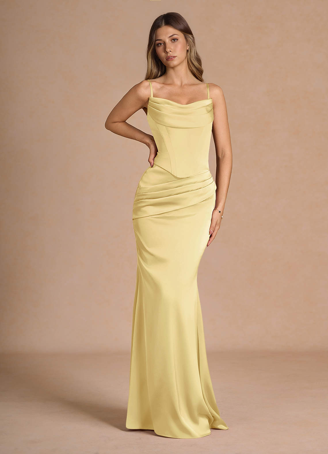 Sorrel Mermaid Corset Stretch Satin Evening Set in Lemon Sorbet