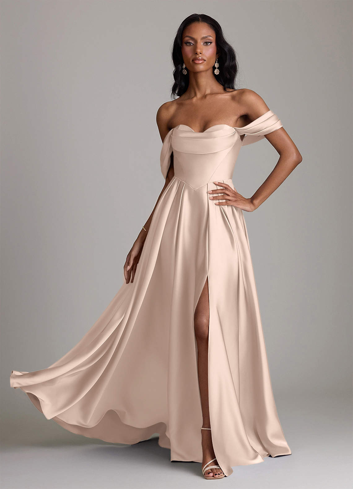 Loisa A-Line Off-the-Shoulder Stretch Satin Bridesmaid Dress in English Rose