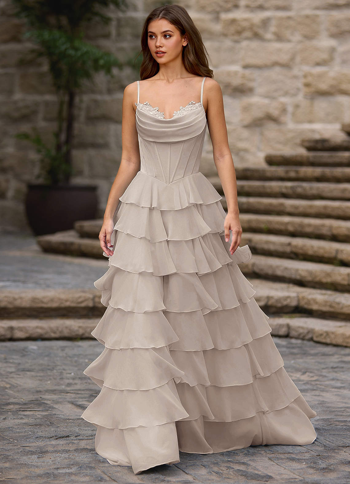 Floralace A-Line Ruffle Chiffon Evening Dress in Vanilla