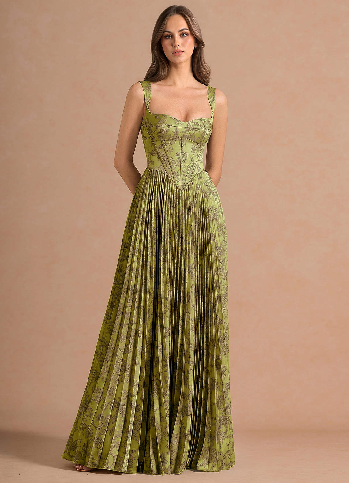 Isonelle A-Line Sweetheart Jacquard Wedding Guest Dress in Moss Brown