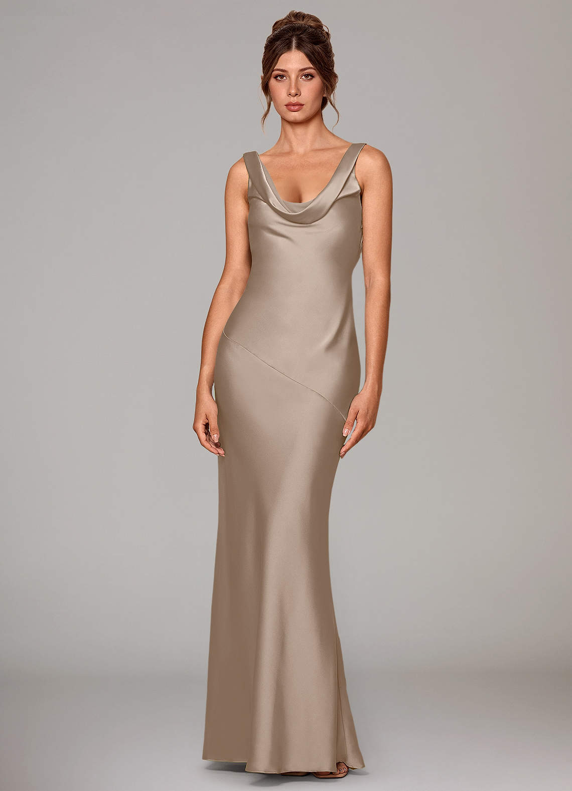 Rylina Mermaid Cowl-Neck Stretch Satin Bridesmaid Dress in Taupe