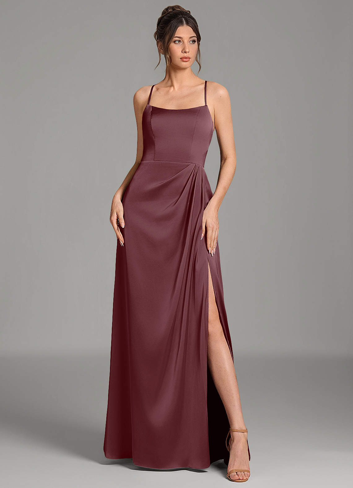 Frankie A-Line Scoop-Neck Stretch Satin Bridesmaid Dress in Sangria