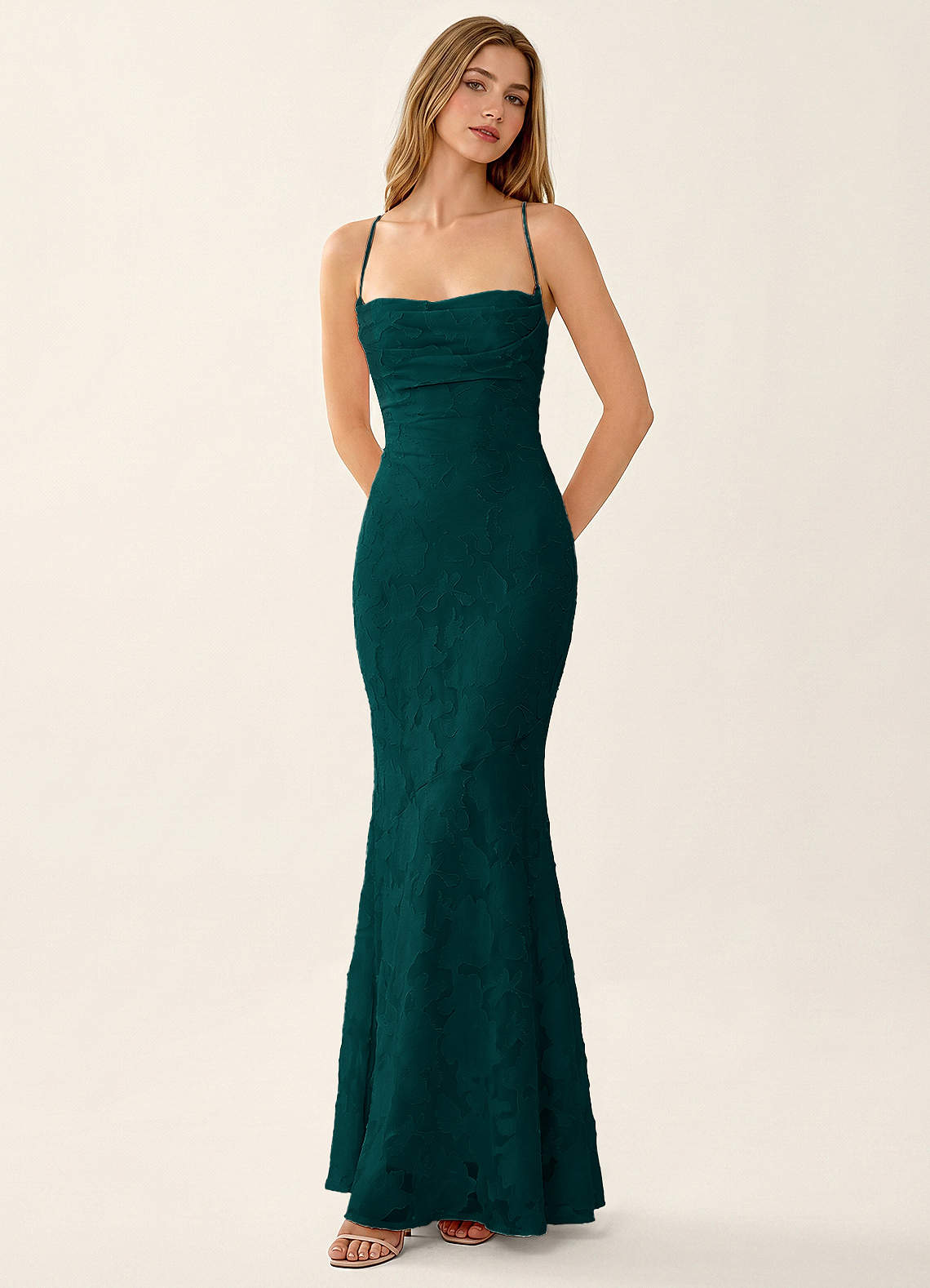 Natasha Mermaid Spaghetti-Strap Floral Burnout Evening Dress in Forest Green