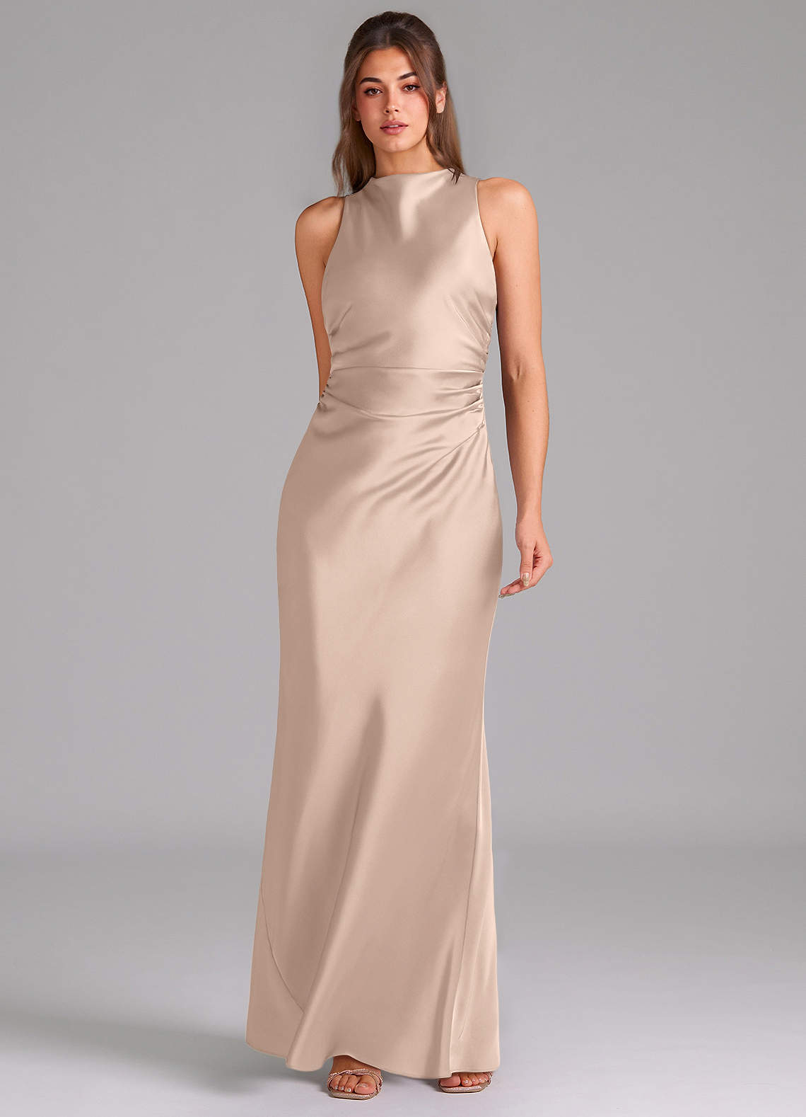 Evadne Sheath Scoop-Neck Stretch Satin Bridesmaid Dress in English Rose