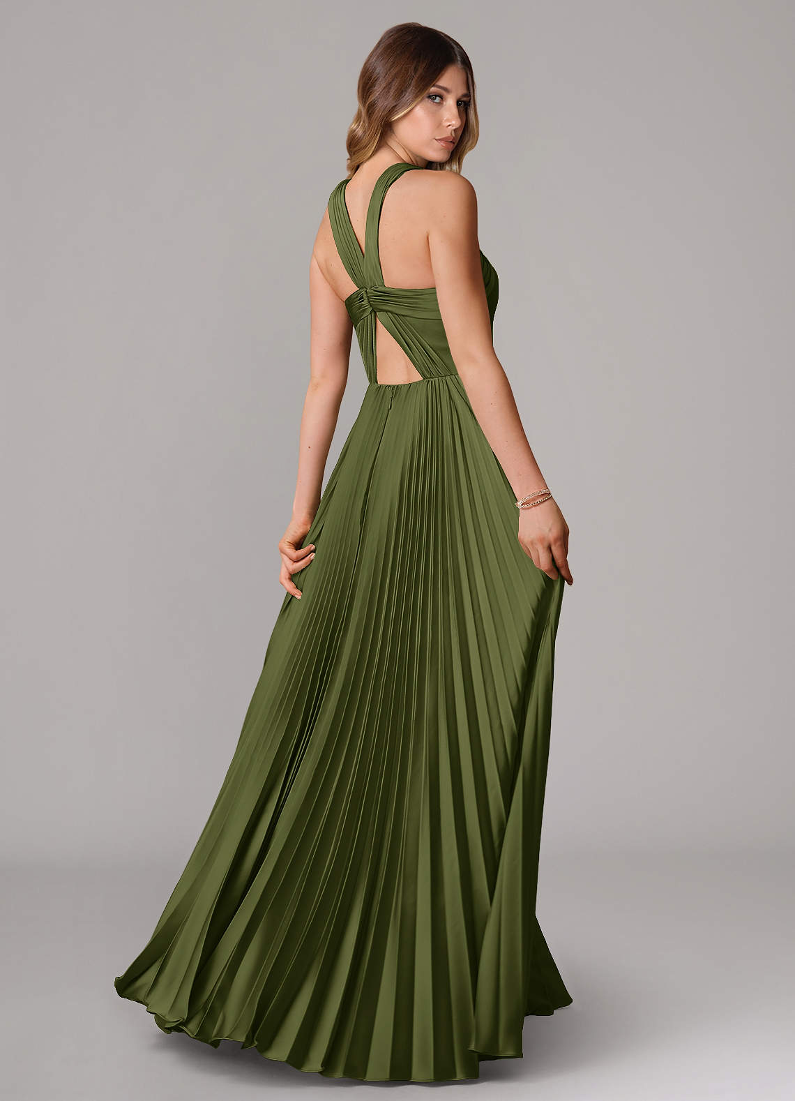 Afra A-Line Halter-Neck Stretch Satin Bridesmaid Dress in Olive