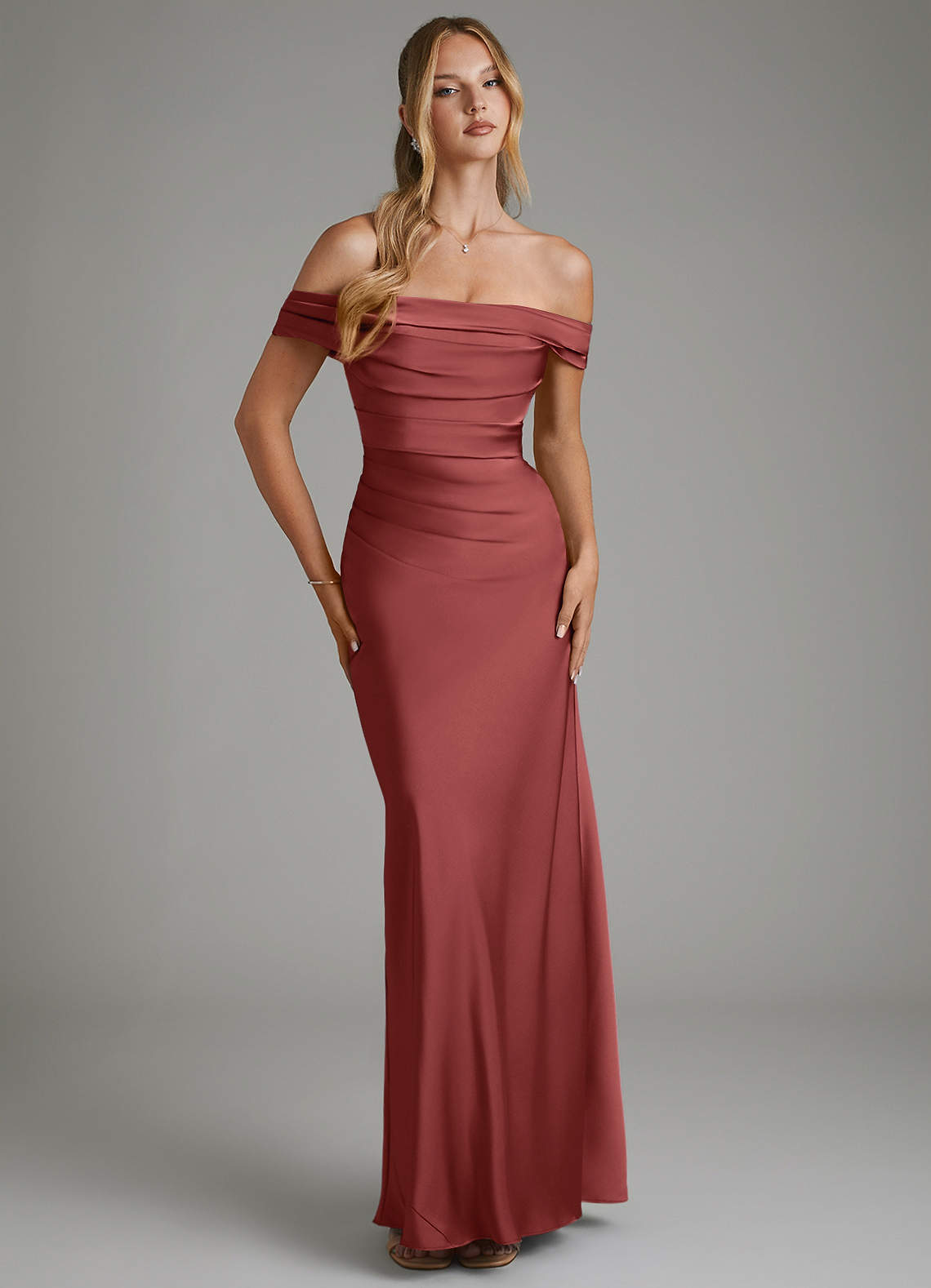 Hayden Mermaid Off-the-Shoulder Stretch Satin Bridesmaid Dress in Terracotta