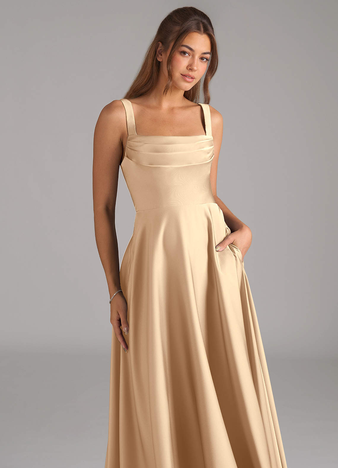 Shaude A-Line Square-Neck Stretch Satin Bridesmaid Dress in Champagne