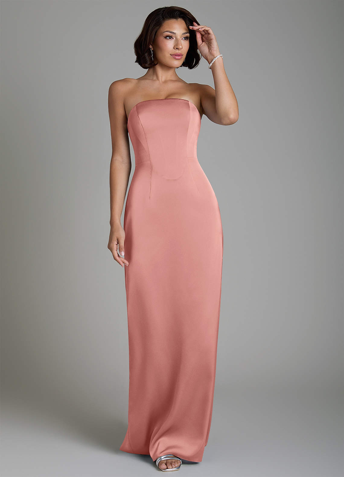 Fallyn Sheath Strapless Stretch Satin Bridesmaid Dress in Rosette