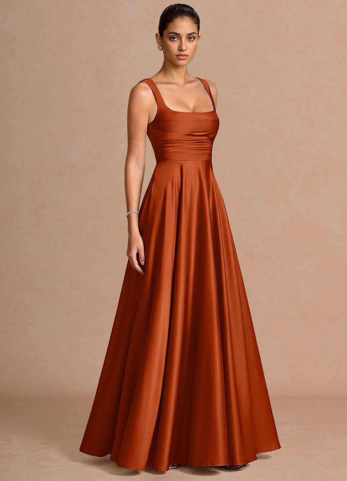 Azaria A-Line Square-Neck Stretch Satin Wedding Guest Dress in Rust