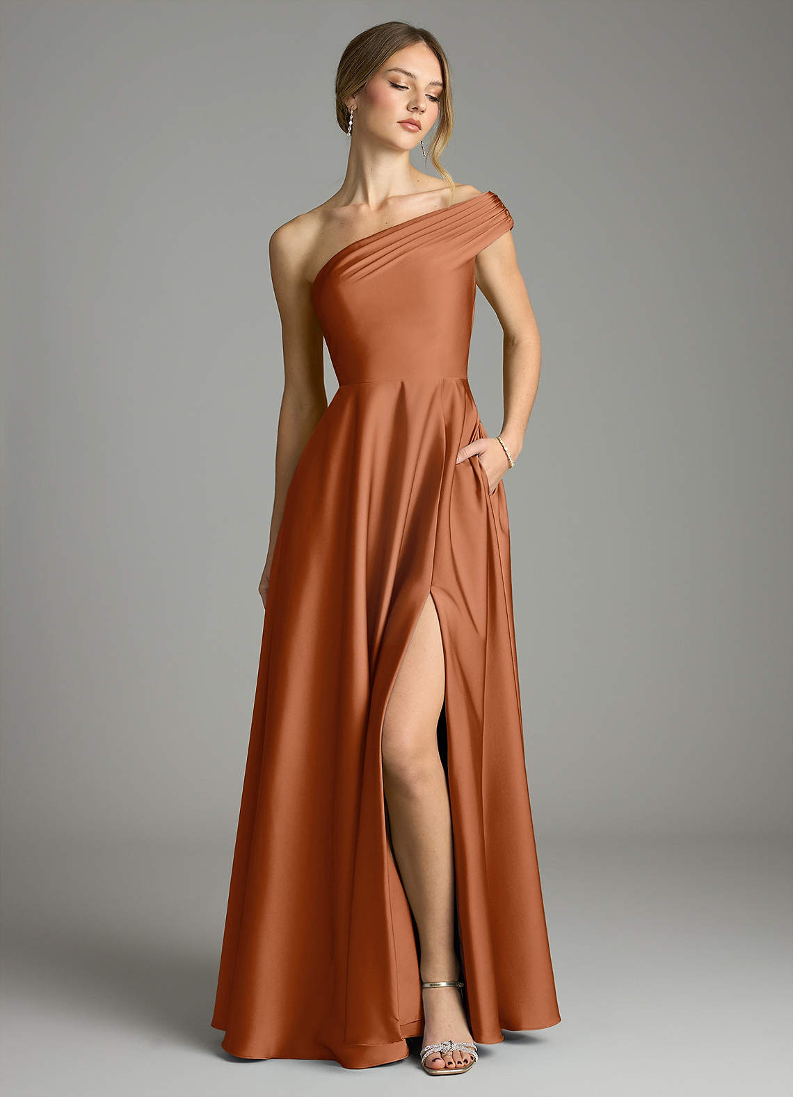 Melanie A-Line One-Shoulder Stretch Satin Bridesmaid Dress in Copper