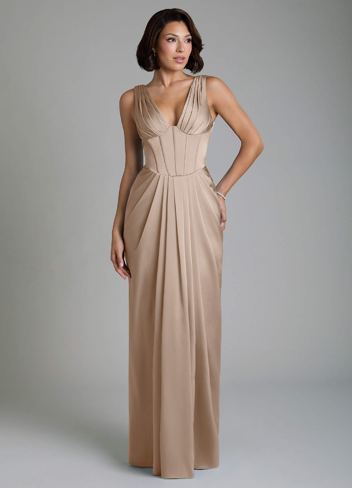 Vanya Sheath V-Neck Stretch Satin Bridesmaid Dress in Taupe