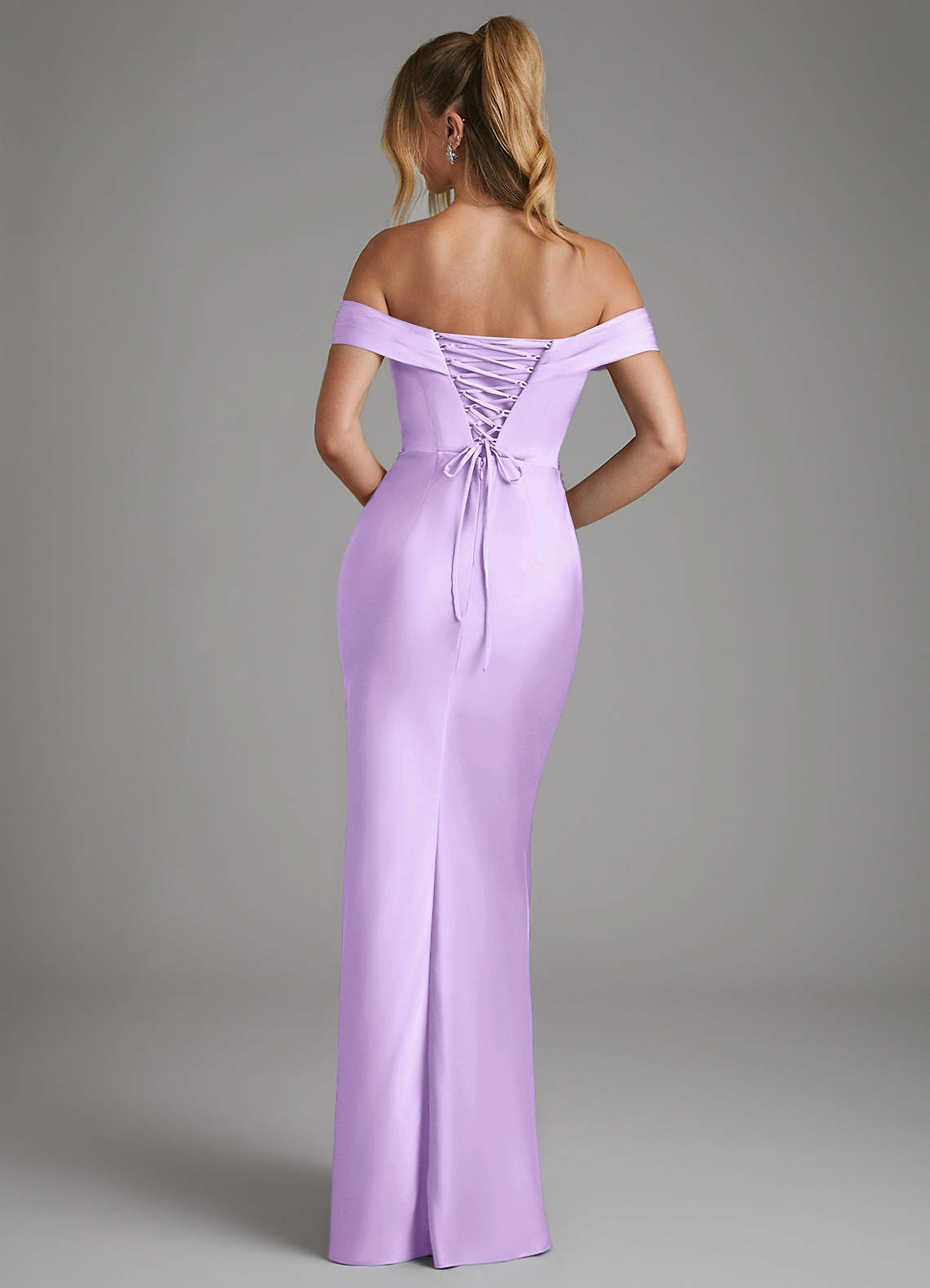 Hayden Mermaid Off-the-Shoulder Stretch Satin Bridesmaid Dress in Lilac
