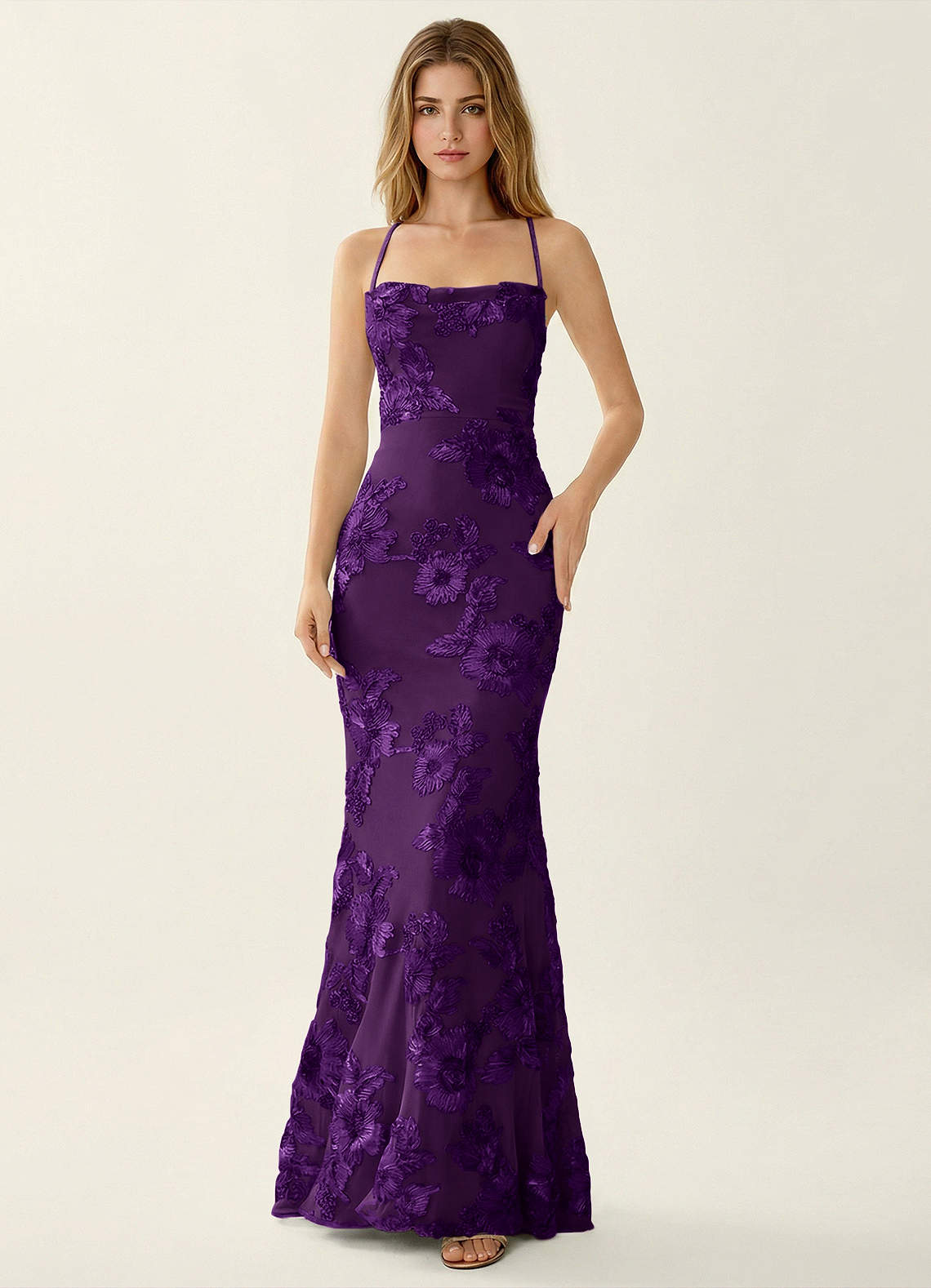 Kailani Mermaid Spaghetti-Strap Lace Evening Dress in Pale Purple