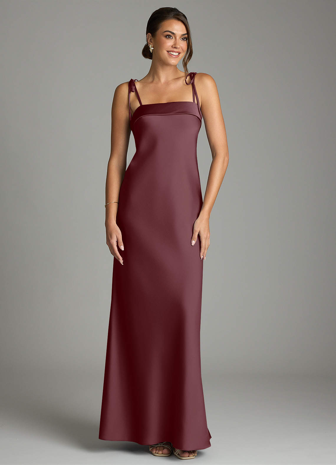 Ellia Sheath Straight-Neck Stretch Satin Bridesmaid Dress in Sangria