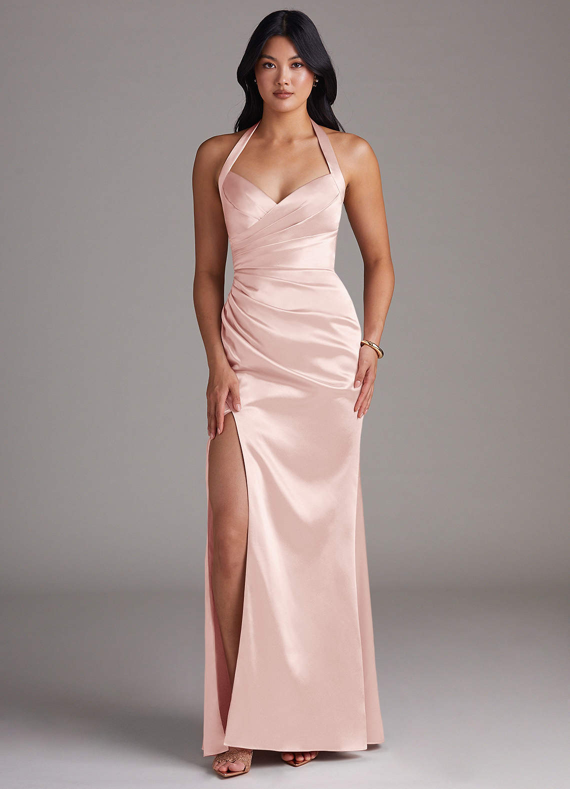 Emeria Sheath Halter Metallic Satin Bridesmaid Dress in Blushing Pink