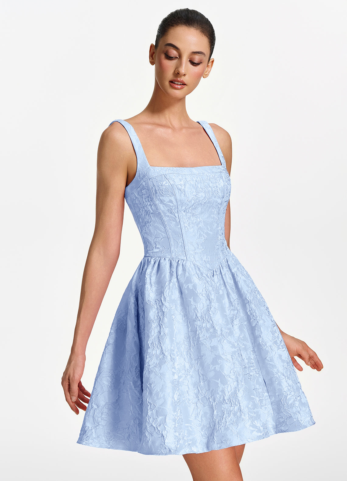 Lionelle Skater Mini Square-Neck Jacquard Prom Dress in Sky Blue - photo 3