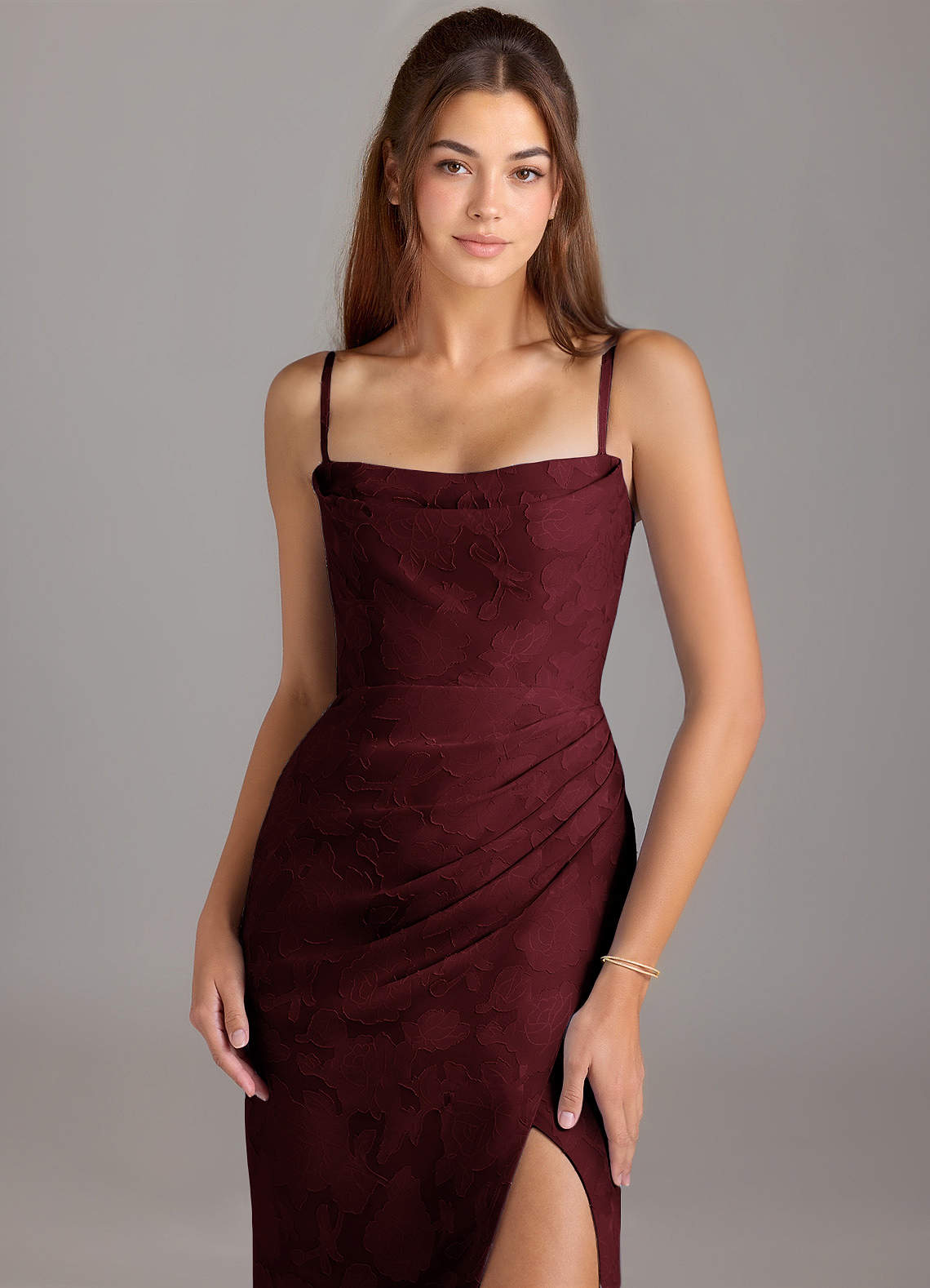 Leonis Sheath Strapless Floral Burnout Bridesmaid Dress in Cabernet