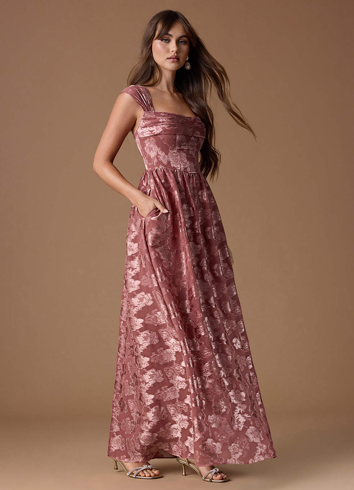 Hazel A-Line Cowl-Neck Fil Coupé Wedding Guest Dress in Vintage Rose