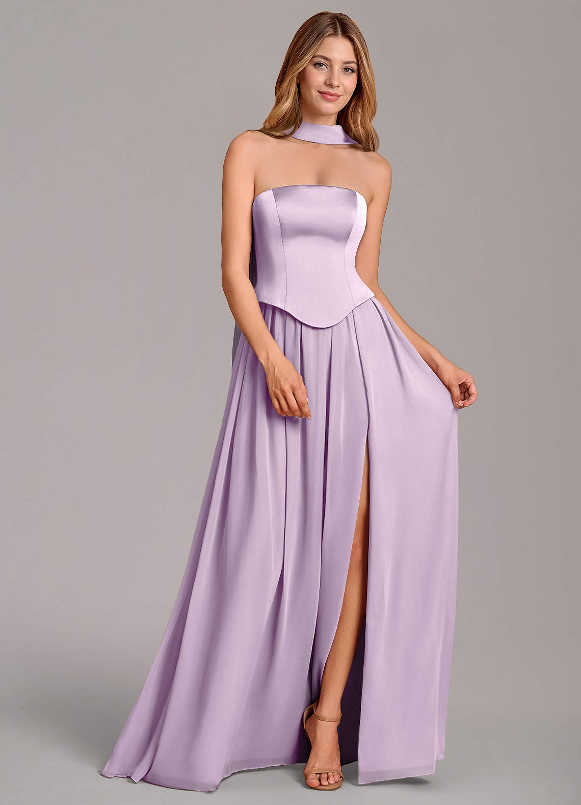 Cadence A-Line Strapless Chiffon and Stretch Satin Bridesmaid Dress in Frosted Lilac