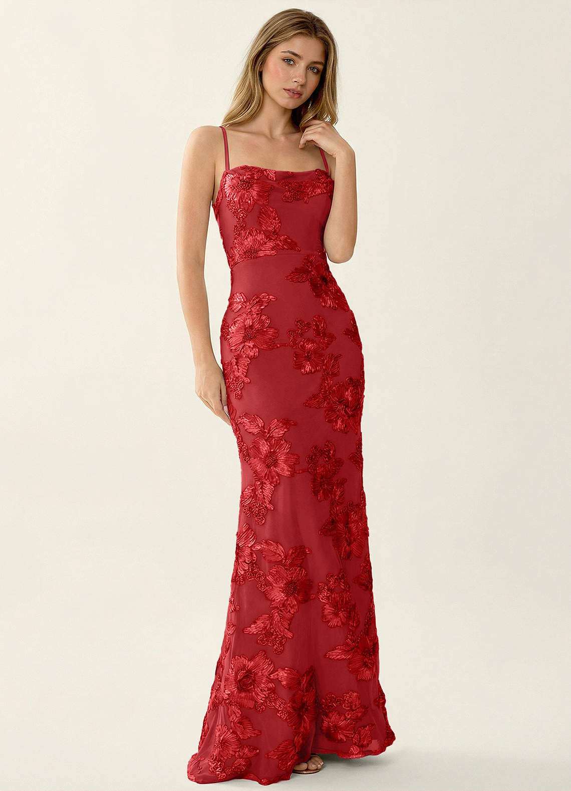 Kailani Mermaid Spaghetti-Strap Lace Evening Dress in Red