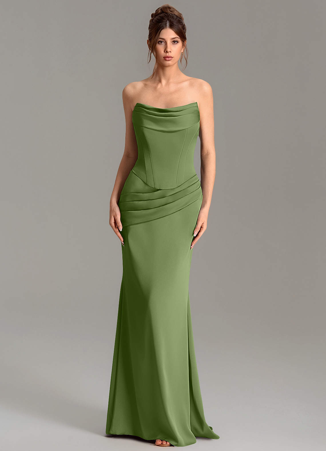 Adrienne Mermaid Cowl-Neck Stretch Satin Bridesmaid Dress in Juniper