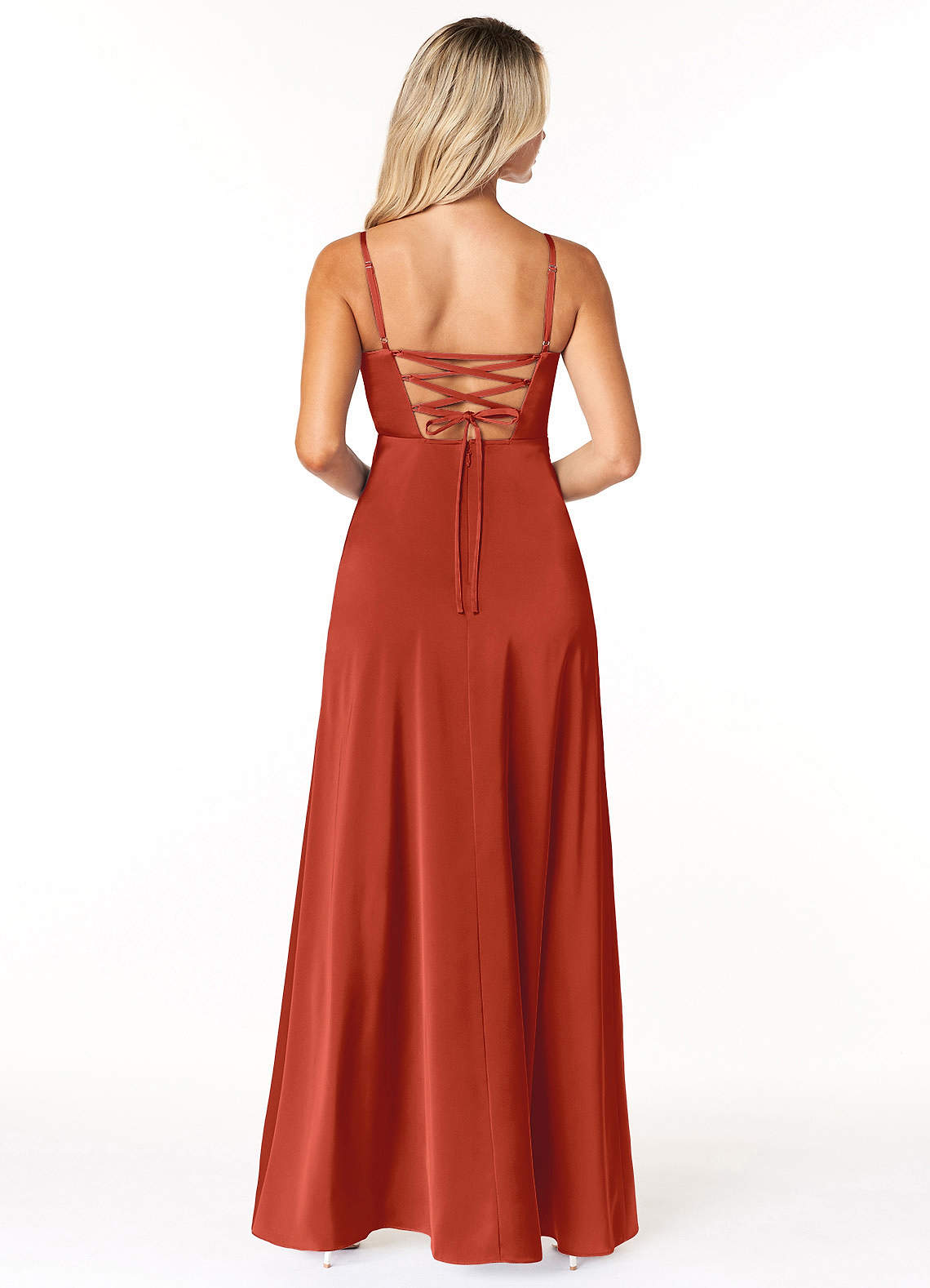 Marchella A-Line V-Neck Stretch Satin Bridesmaid Dress in Rust