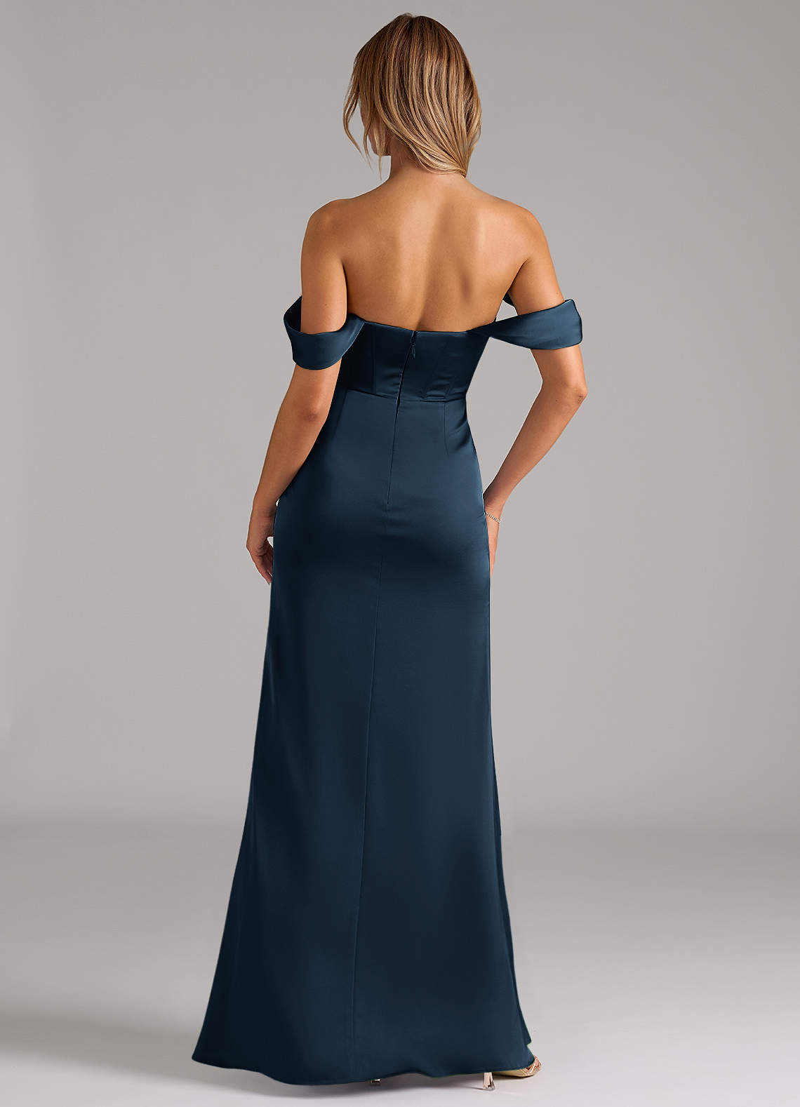 Johana Mermaid Off-the-Shoulder Stretch Satin Bridesmaid Dress in Dark Navy
