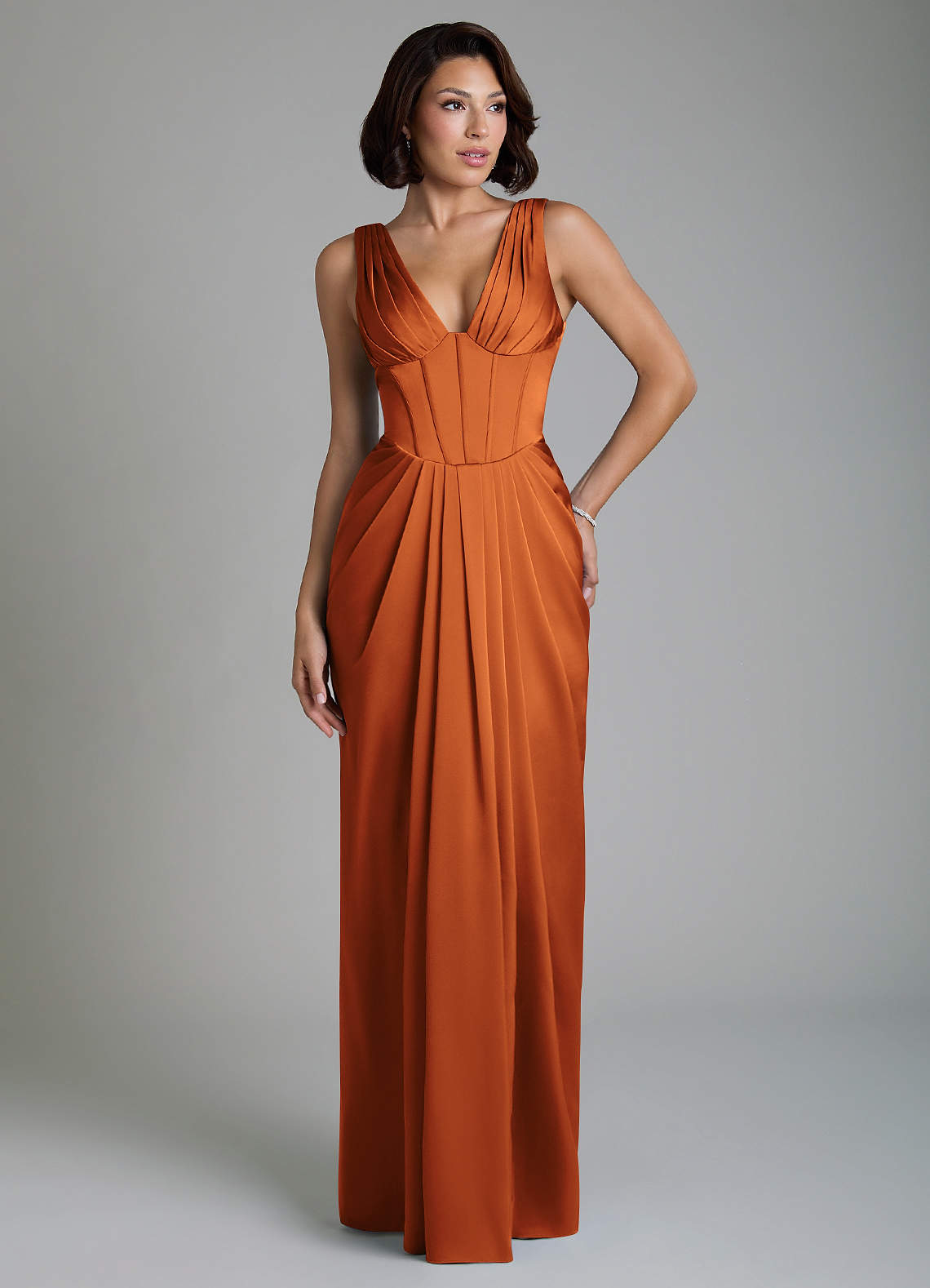 Vanya Sheath V-Neck Stretch Satin Bridesmaid Dress in Cinnamon