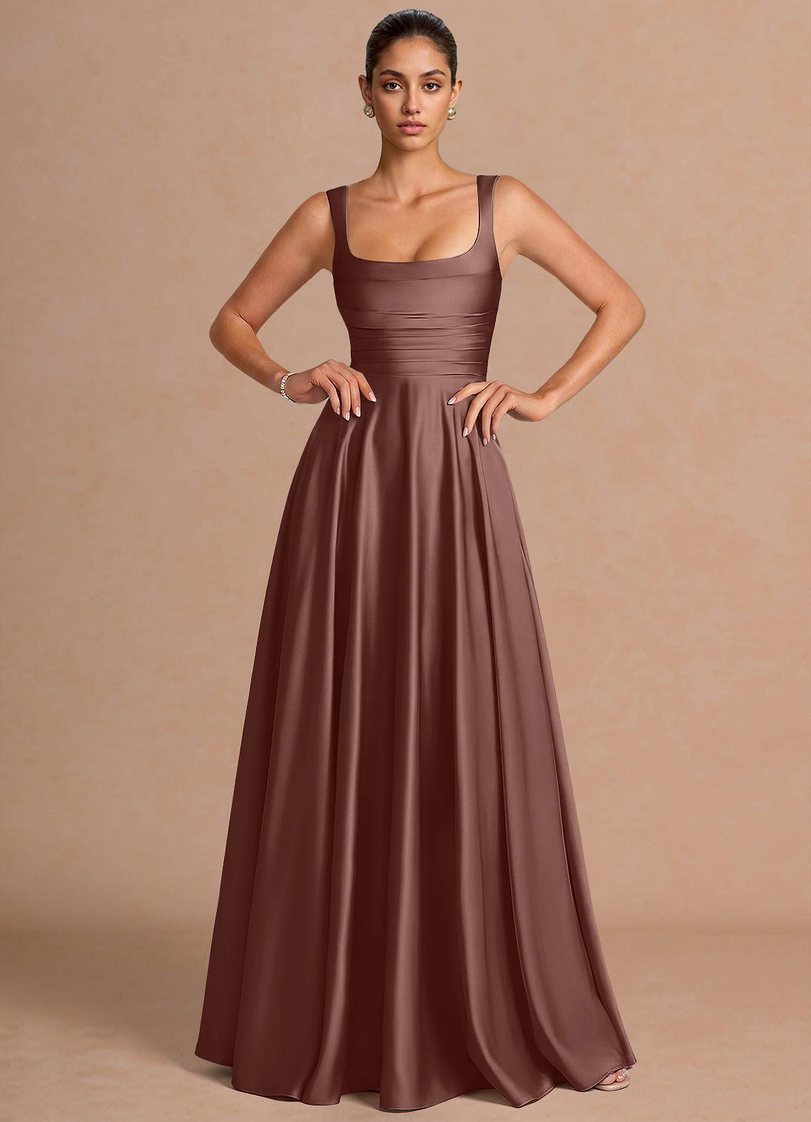 Azaria A-Line Square-Neck Stretch Satin Wedding Guest Dress in Mocha Coco