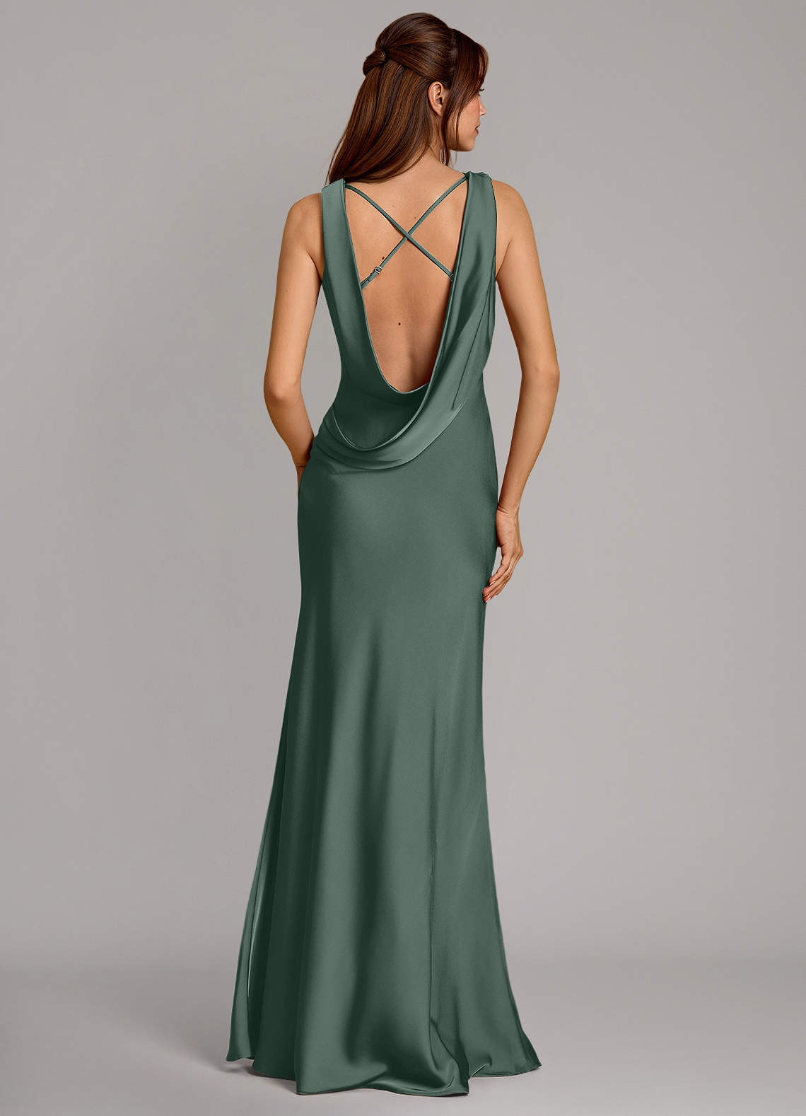 Cheryl Mermaid Cowl-Neck Stretch Satin Bridesmaid Dress in Sea Moss