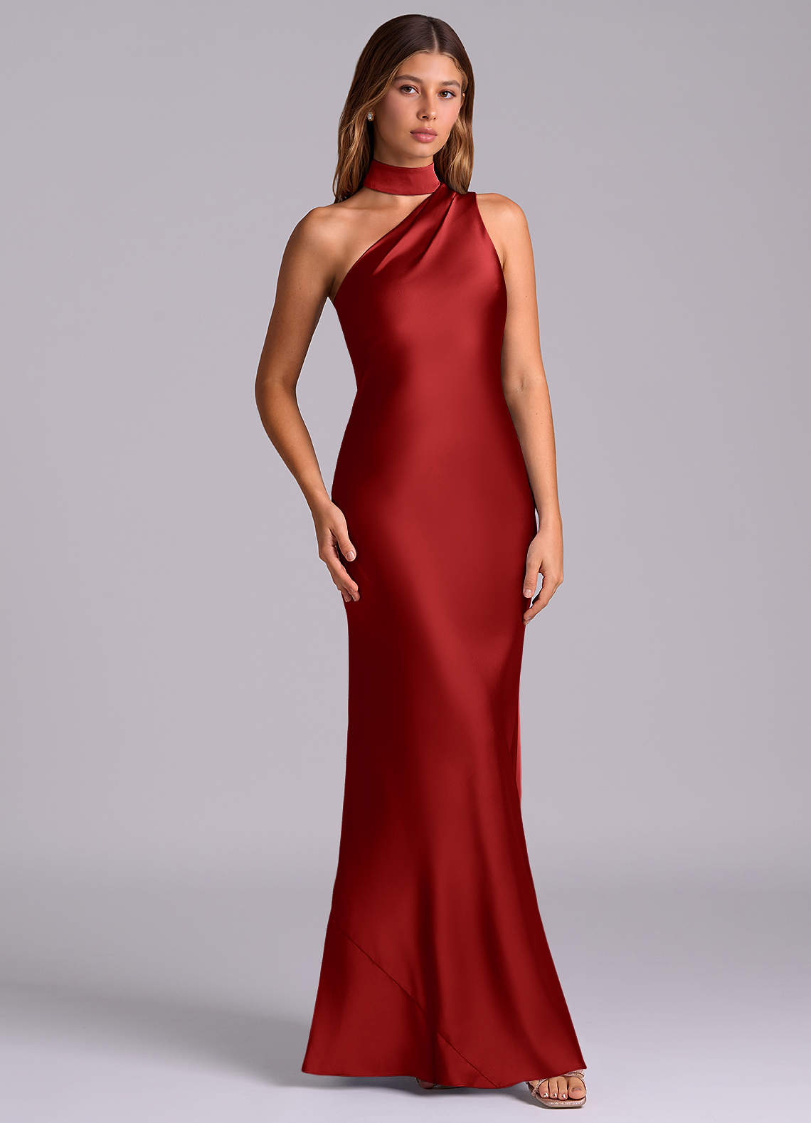 Seona Mermaid One-Shoulder Stretch Satin and Tulle Bridesmaid Dress in Pomegranate