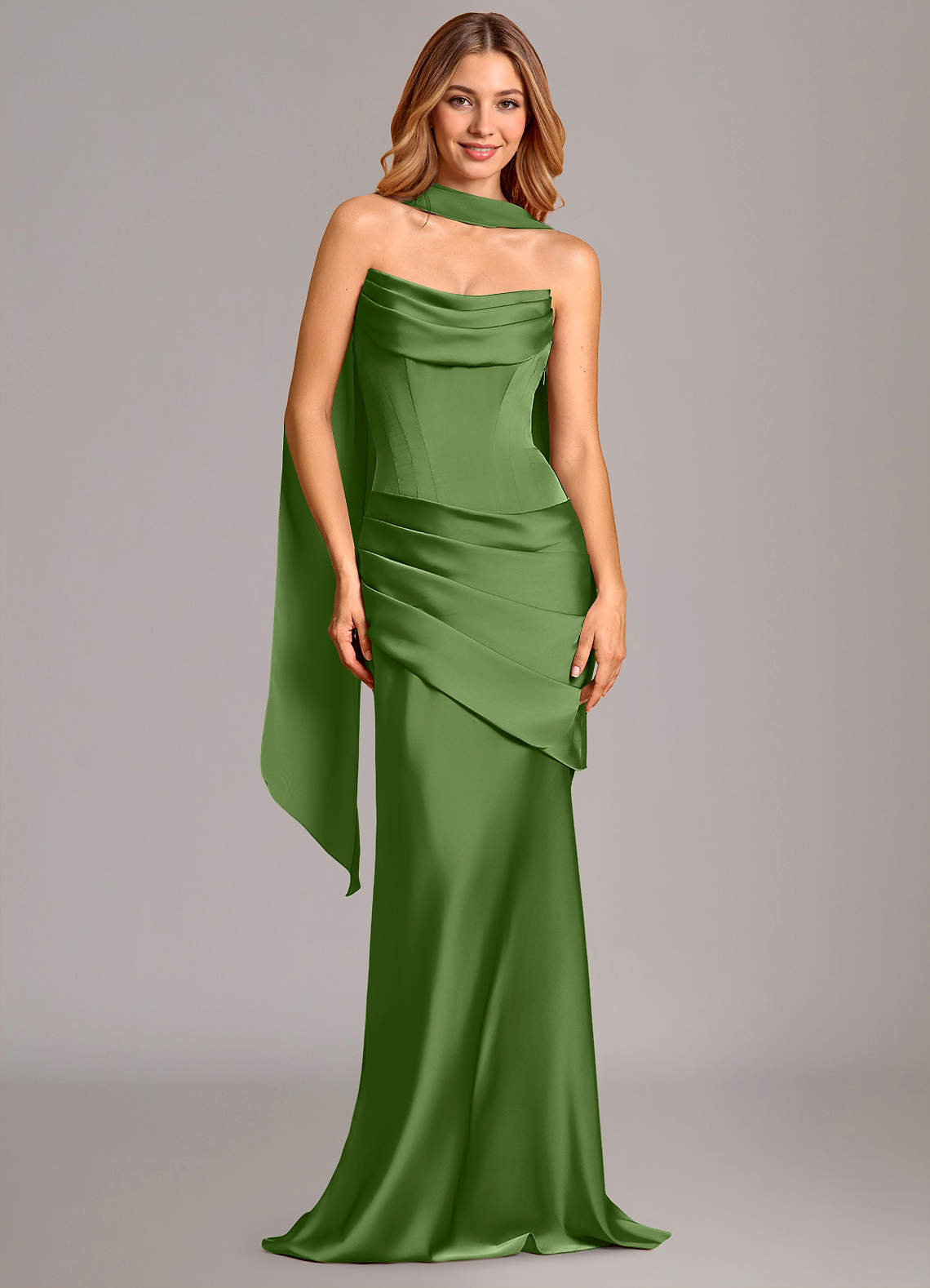 Pelagia Mermaid Cowl-Neck Stretch Satin Bridesmaid Dress in Basil