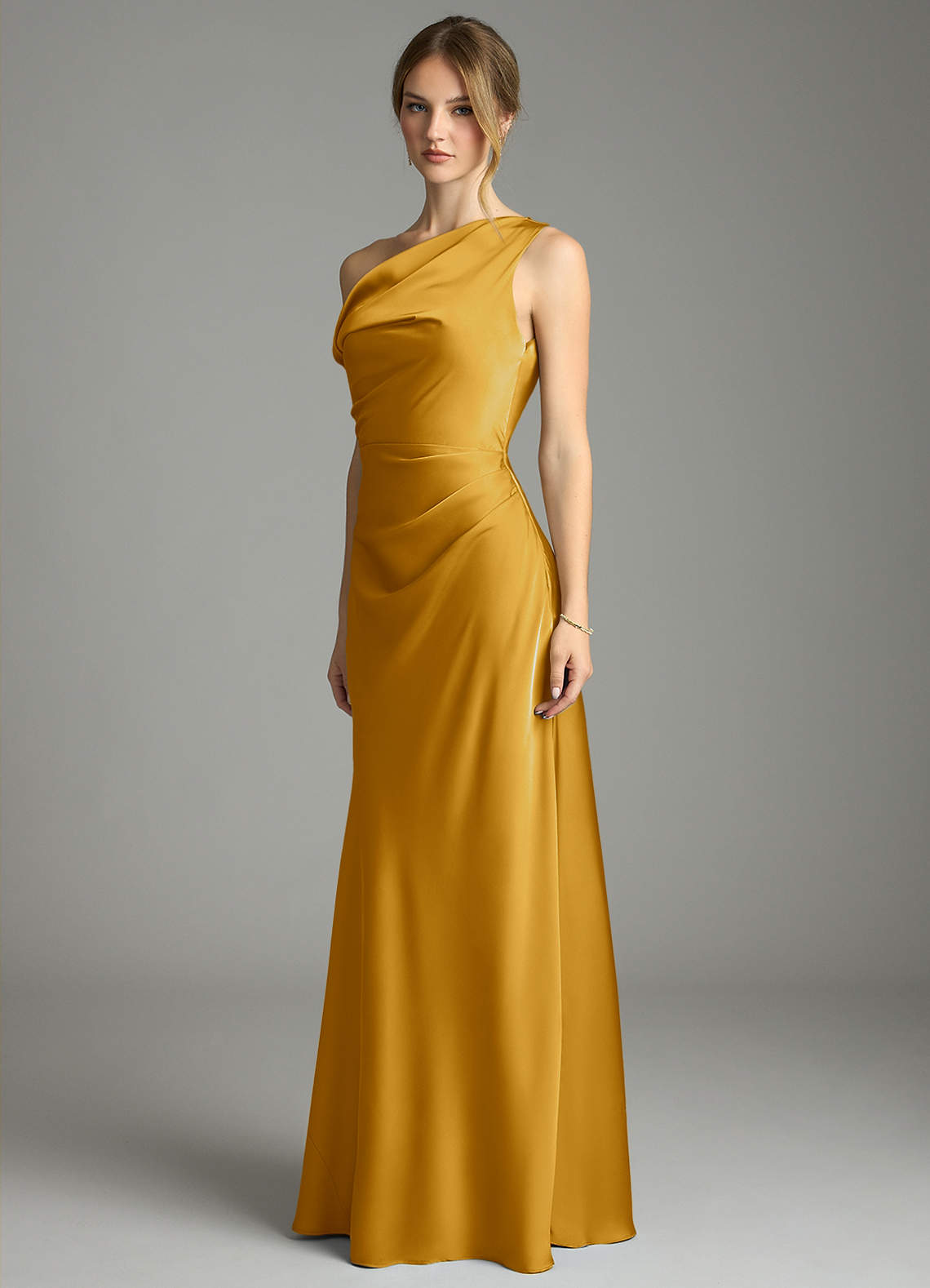Emerson Mermaid One-Shoulder Stretch Satin Bridesmaid Dress in butterscotch
