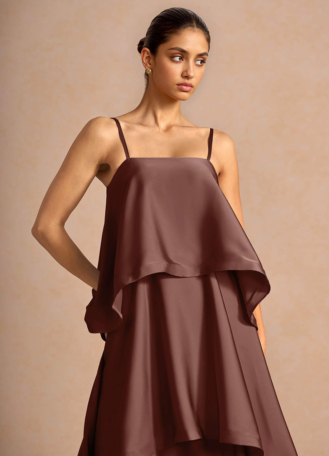 Itasca A-Line Tiered Stretch Satin Wedding Guest Dress in Mocha Coco