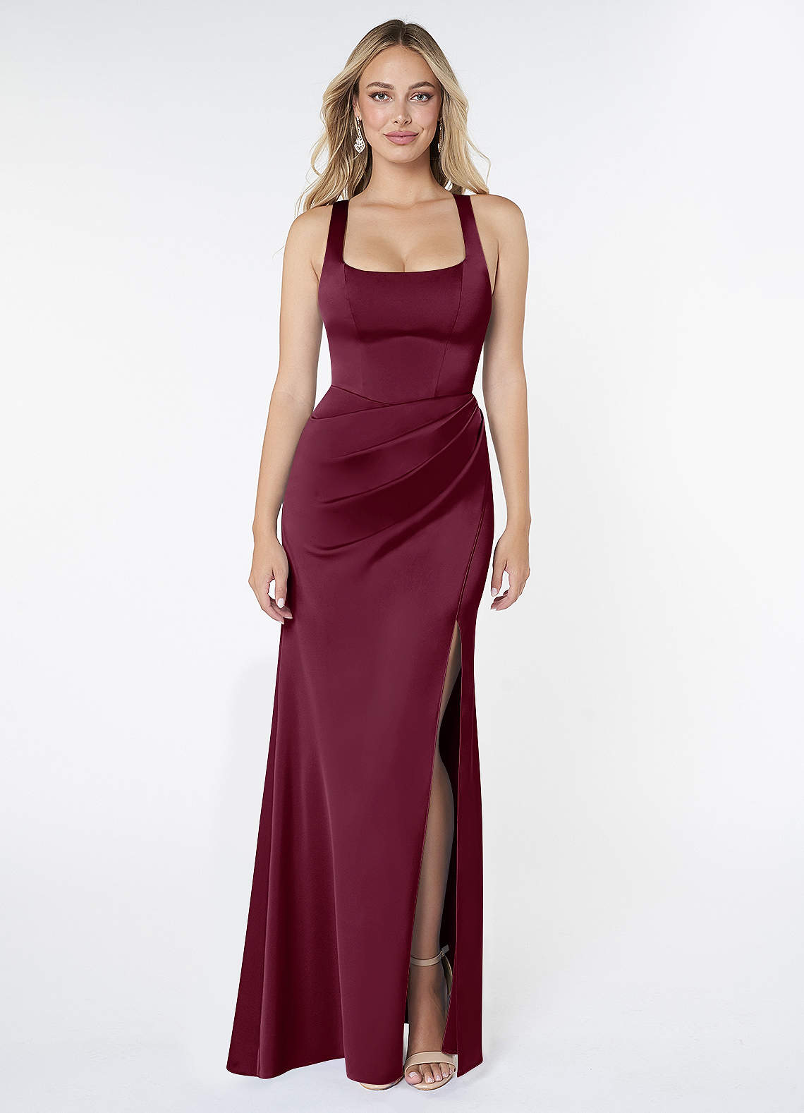 Mero Mermaid Square-Neck Stretch Satin Bridesmaid Dress in Mulberry