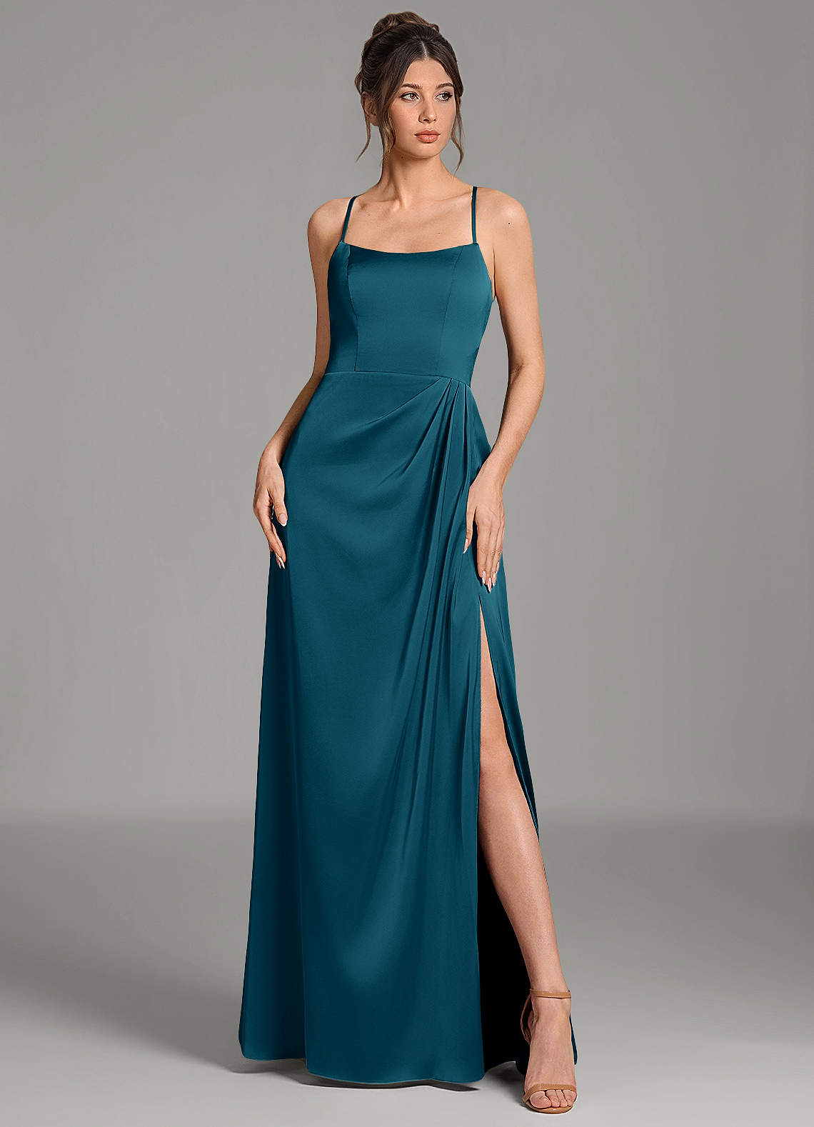 Frankie A-Line Scoop-Neck Stretch Satin Bridesmaid Dress in Ink Blue