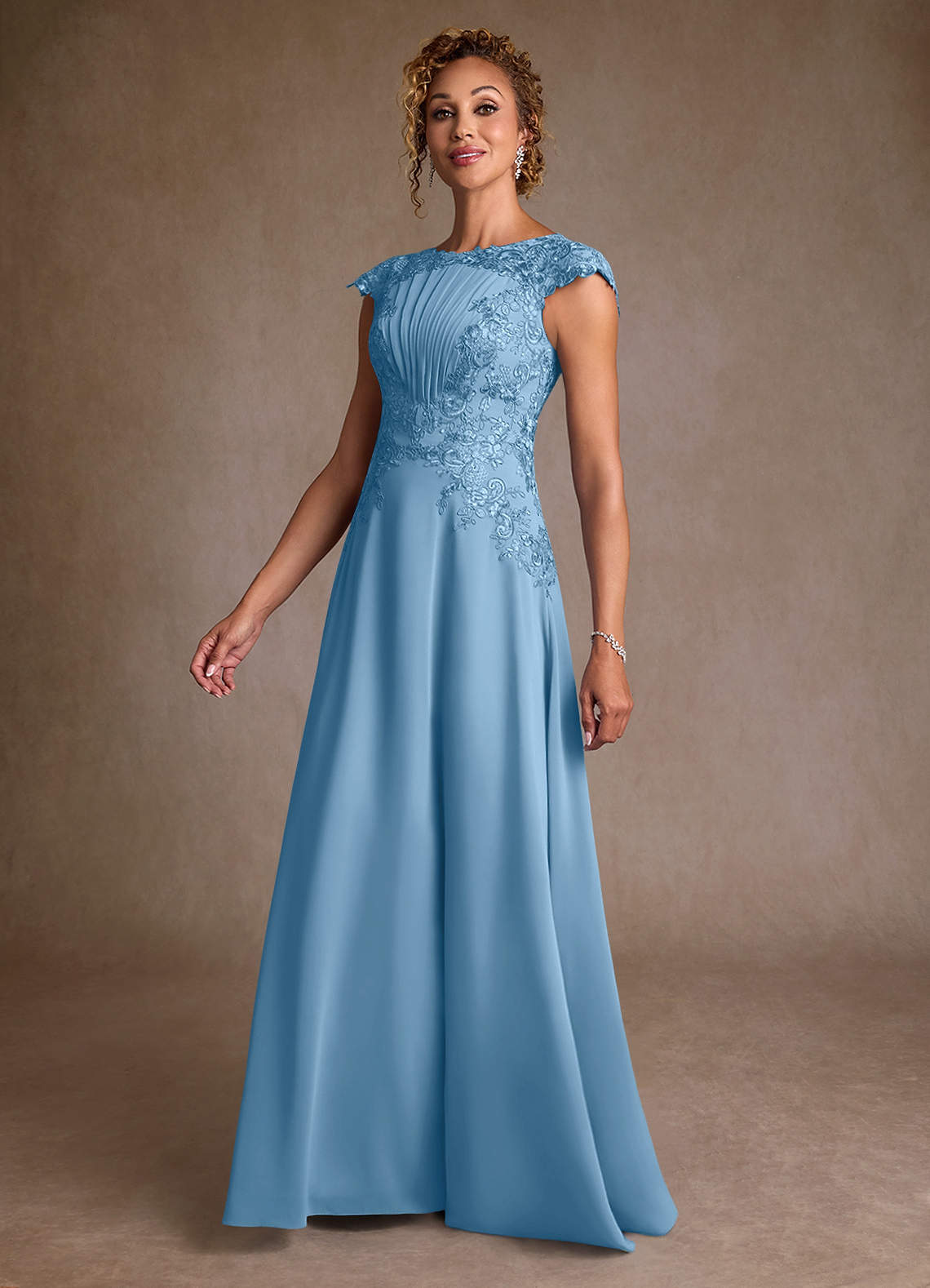 Christi A-Line Scoop-Neck Chiffon and Lace Mother of the Bride Dress in Steel Blue