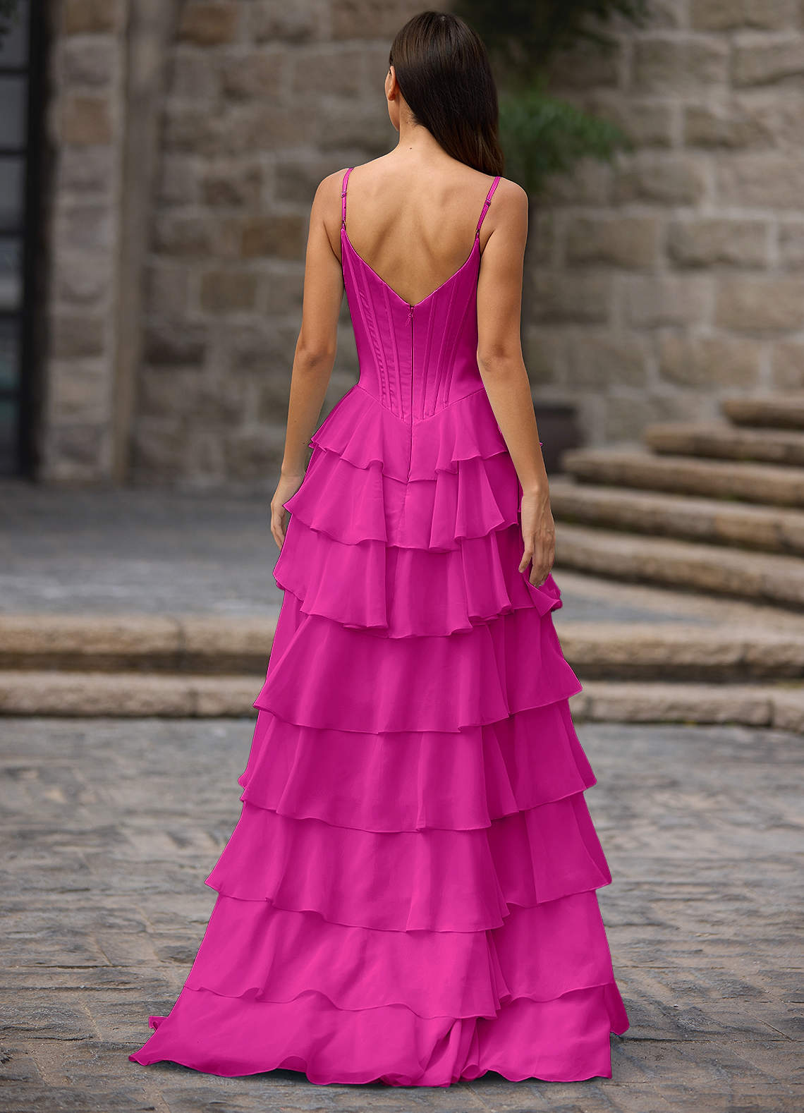 Floralace A-Line Ruffle Chiffon Evening Dress in Hot Pink